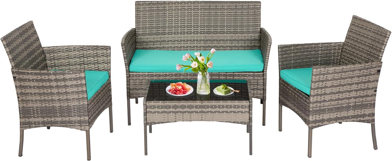 FDW | 4-Piece Patio Furniture Set | Black | Outdoor Wicker Furniture with Coffee Table | Modern Rattan Chairs Conversation Set | Outdoor Seating | Weather-Resistant | for Porch, Garden, Lawn
