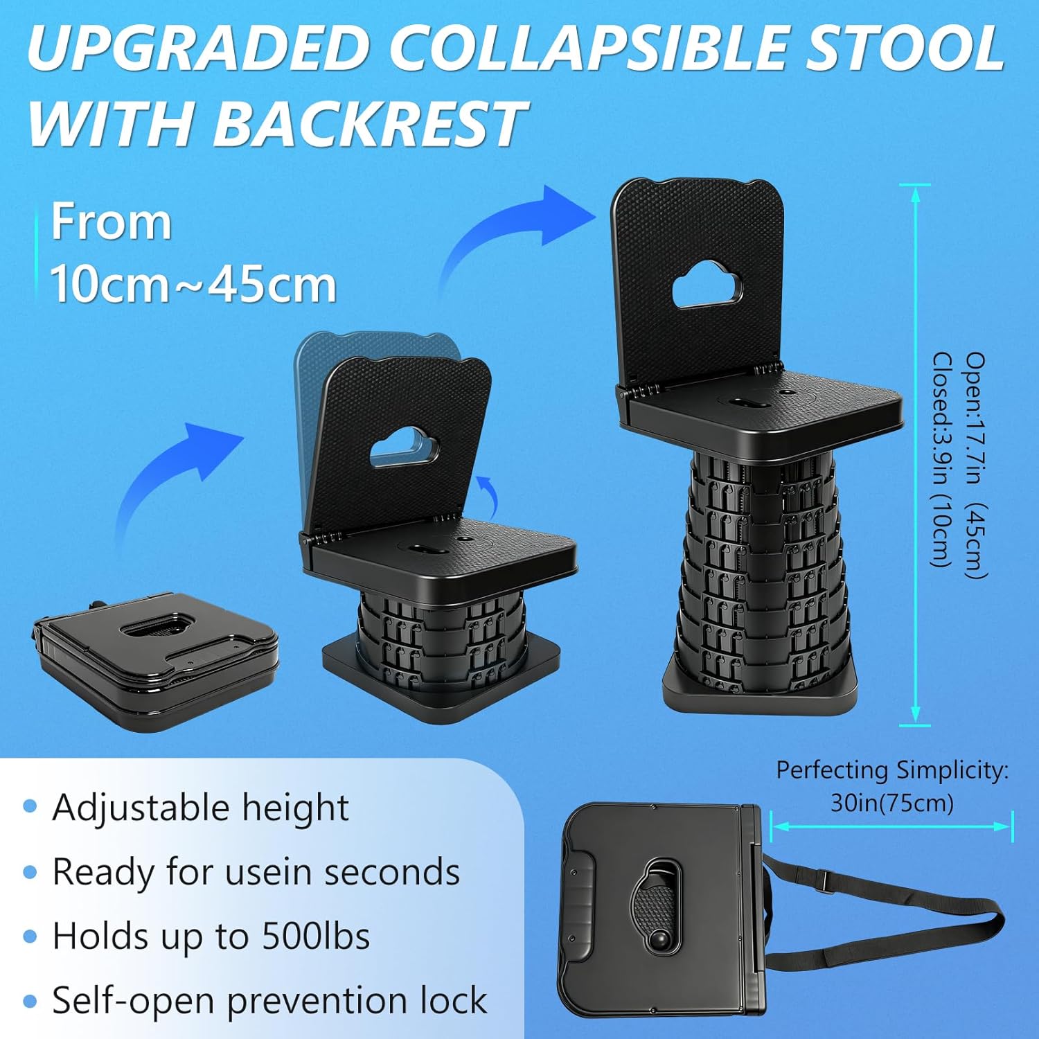 Upgraded Collapsible Stool with Backrest, Portable Telescopic Seat with Carry Bag, Square Folding Stool for Camping Gardening Fishing Hiking BBQ, Max Load Capacity 550lbs