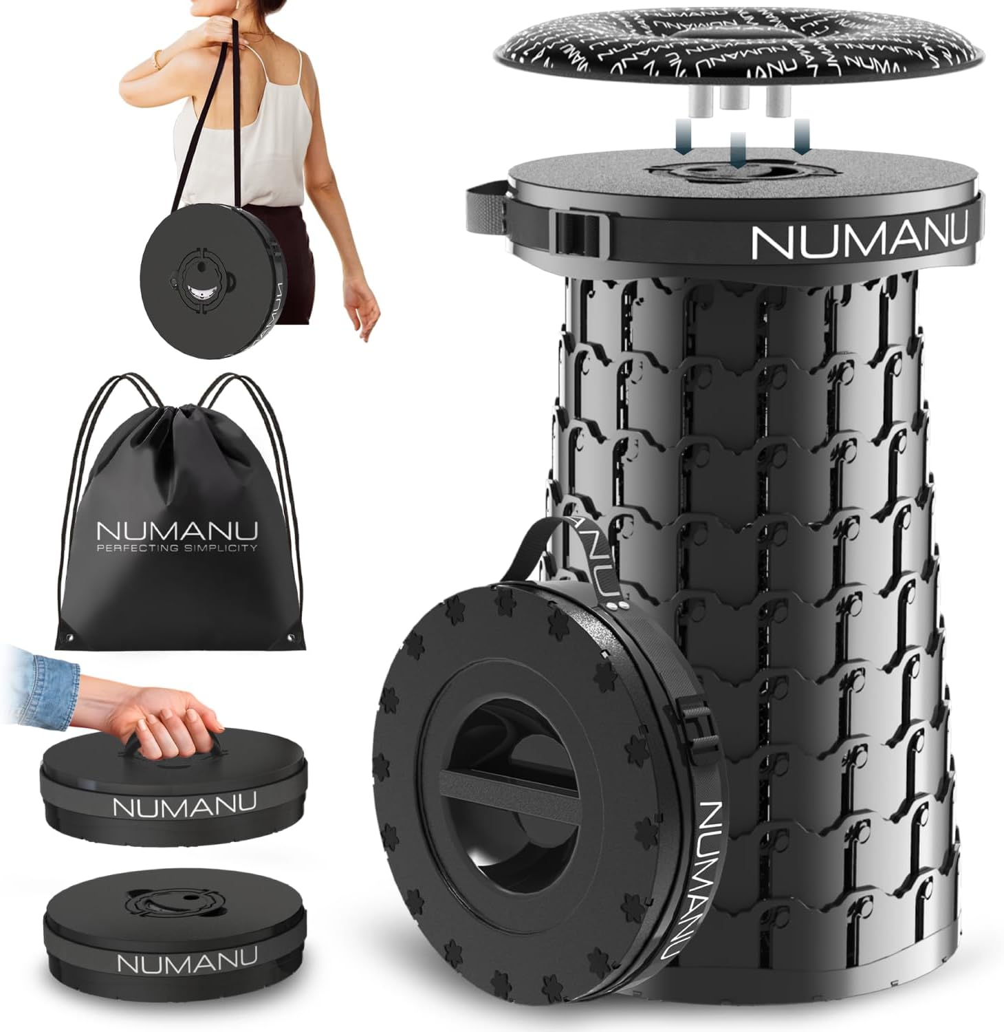 NUMANU 2025 Upgraded XXL Collapsible Stool with Cushion & Carry Bag, 2.7"-19.7", Max 1000lbs Foldable Telescoping Camping Stool Portable Seat or Travel Footrest (2Pack: 2X Stool, 2X Cushion, 2X Bag)
