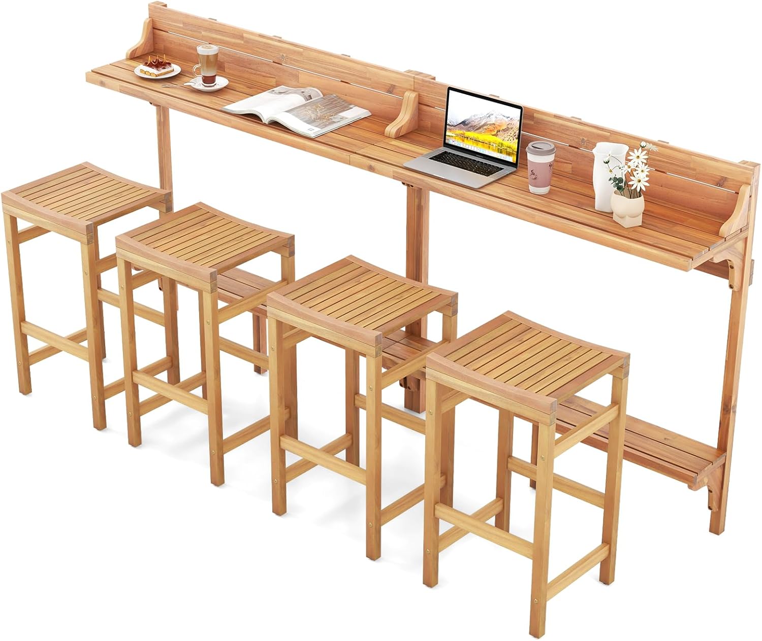 Tangkula 3 Pieces Acacia Wood Balcony Table Set, Outdoor Bar Height Table & 2 Bar Stools w/Shelf, Footrest, Curved Wood Seat, Back Rail for Assembly, for Balcony, Patio and Small Outside Space (1)