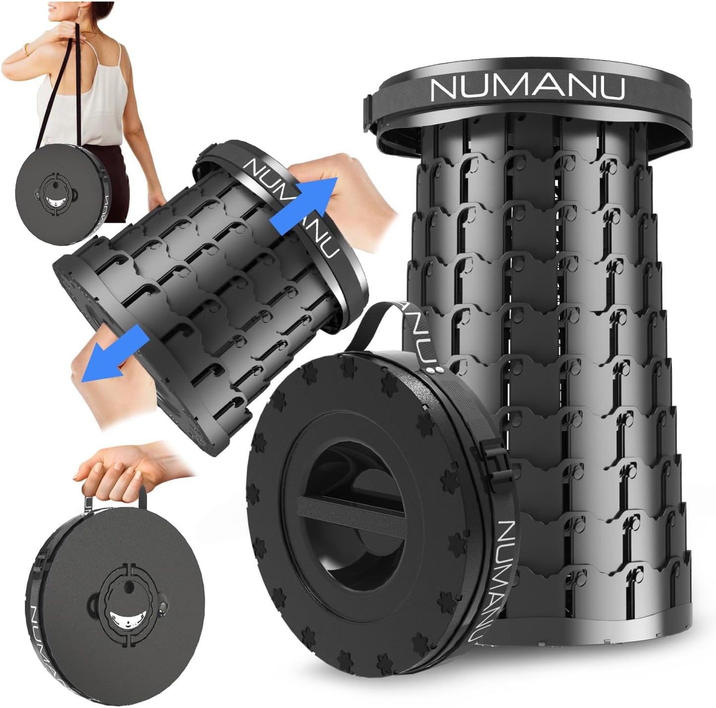 NUMANU 2025 Upgraded XXL Collapsible Stool with Cushion & Bag, 1000lbs Max Weight, 19.7" Heavy Duty Portable Retractable Telescoping Folding Seat Chair or Travel Footrest