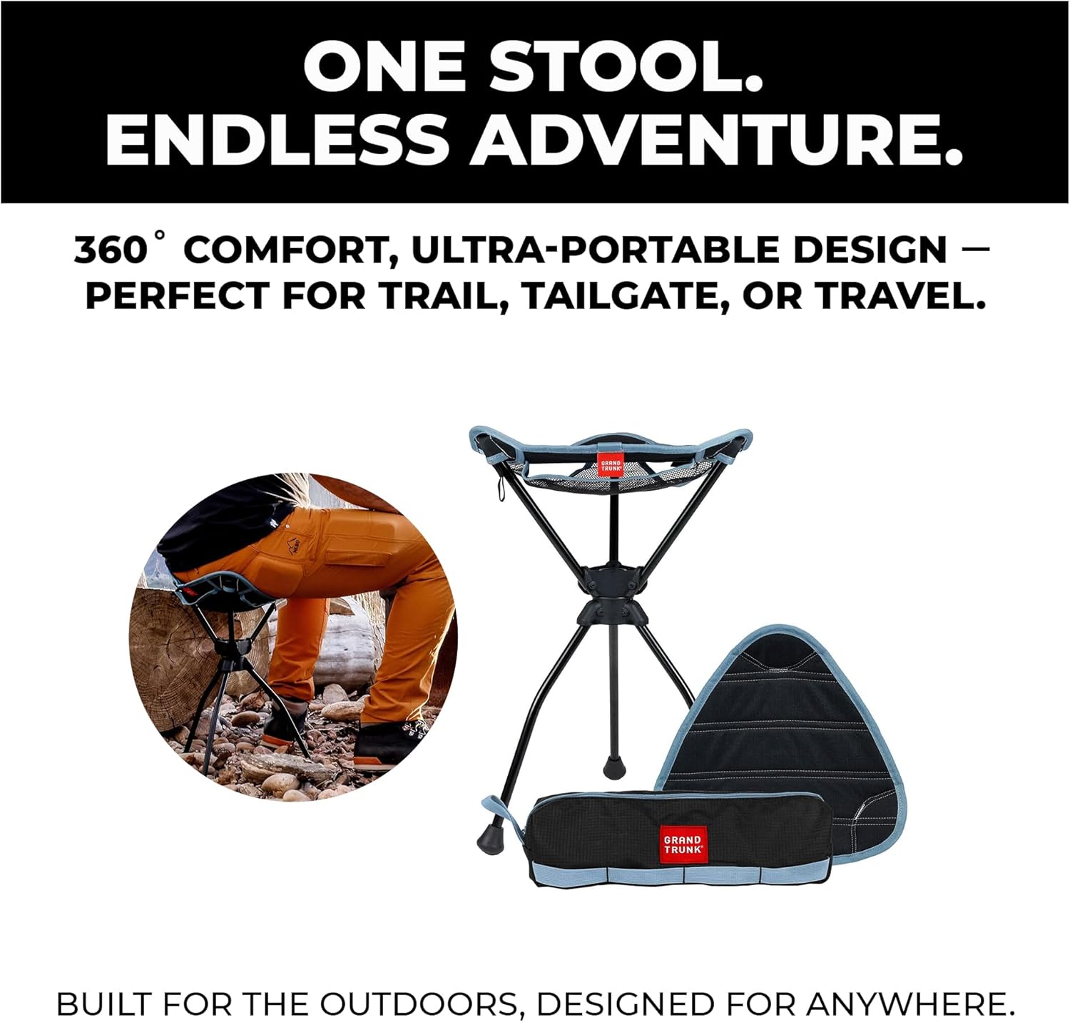GRAND TRUNK Compass 360 XT Extra Tall Swivel Stool - Compact 260lb Capacity Portable Outdoor Seat for Camping & Travel (Sea Black)
