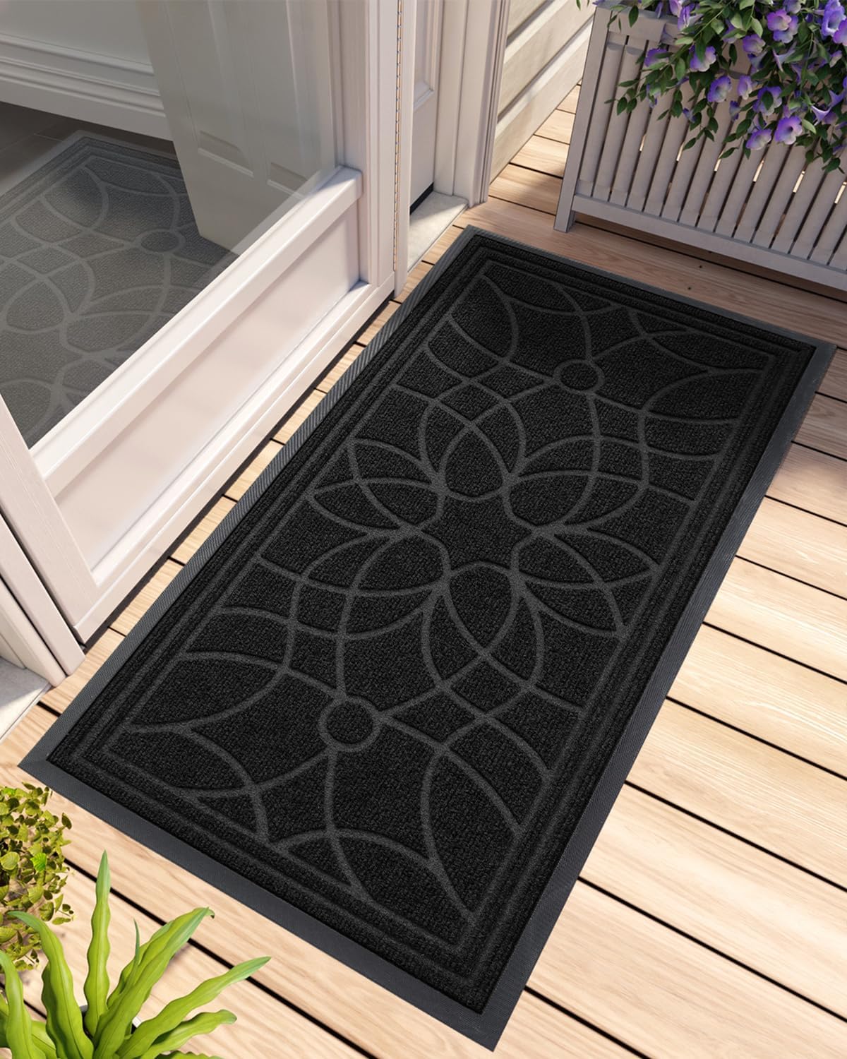 DEXI Front Door Mat Outside Entrance, Heavy Duty Non Slip Low Profile Doormat for Entryway, Trap Dirt and Moisture Welcome Mats, Easy Clean, Patio, Garage, 6x4, Black