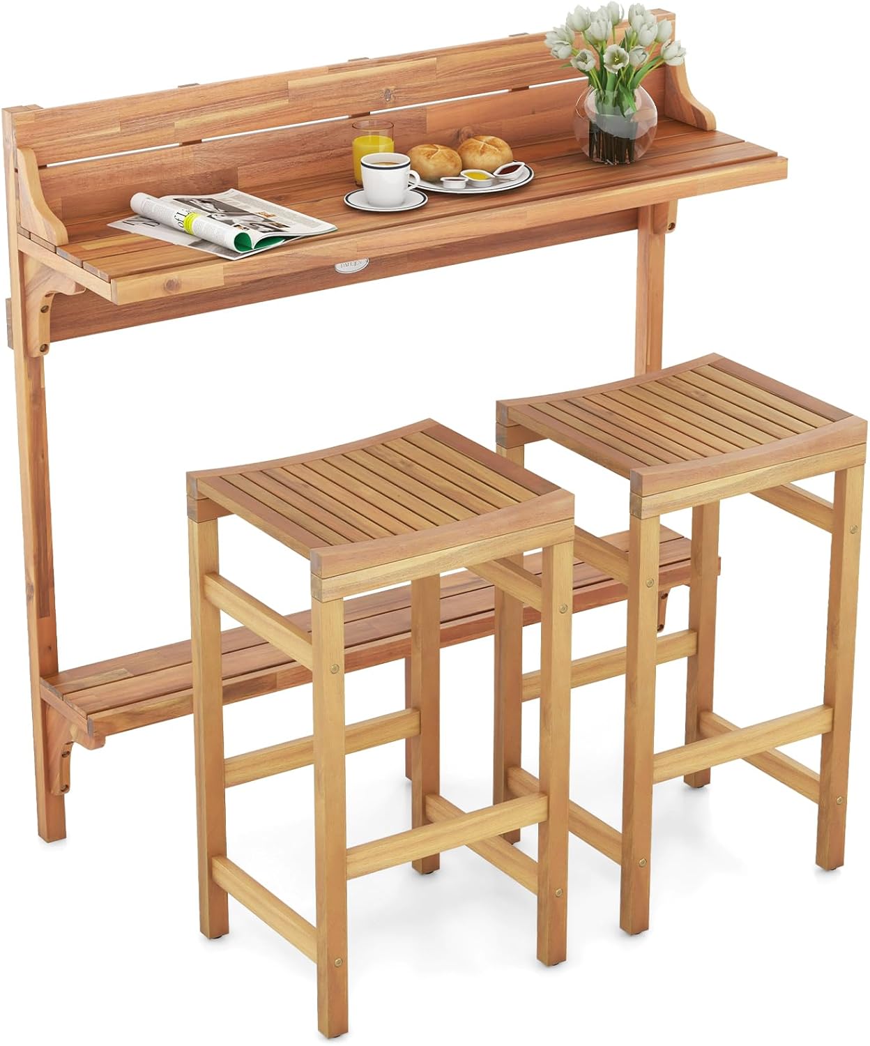 Tangkula 3 Pieces Acacia Wood Balcony Table Set, Outdoor Bar Height Table & 2 Bar Stools w/Shelf, Footrest, Curved Wood Seat, Back Rail for Assembly, for Balcony, Patio and Small Outside Space (1)