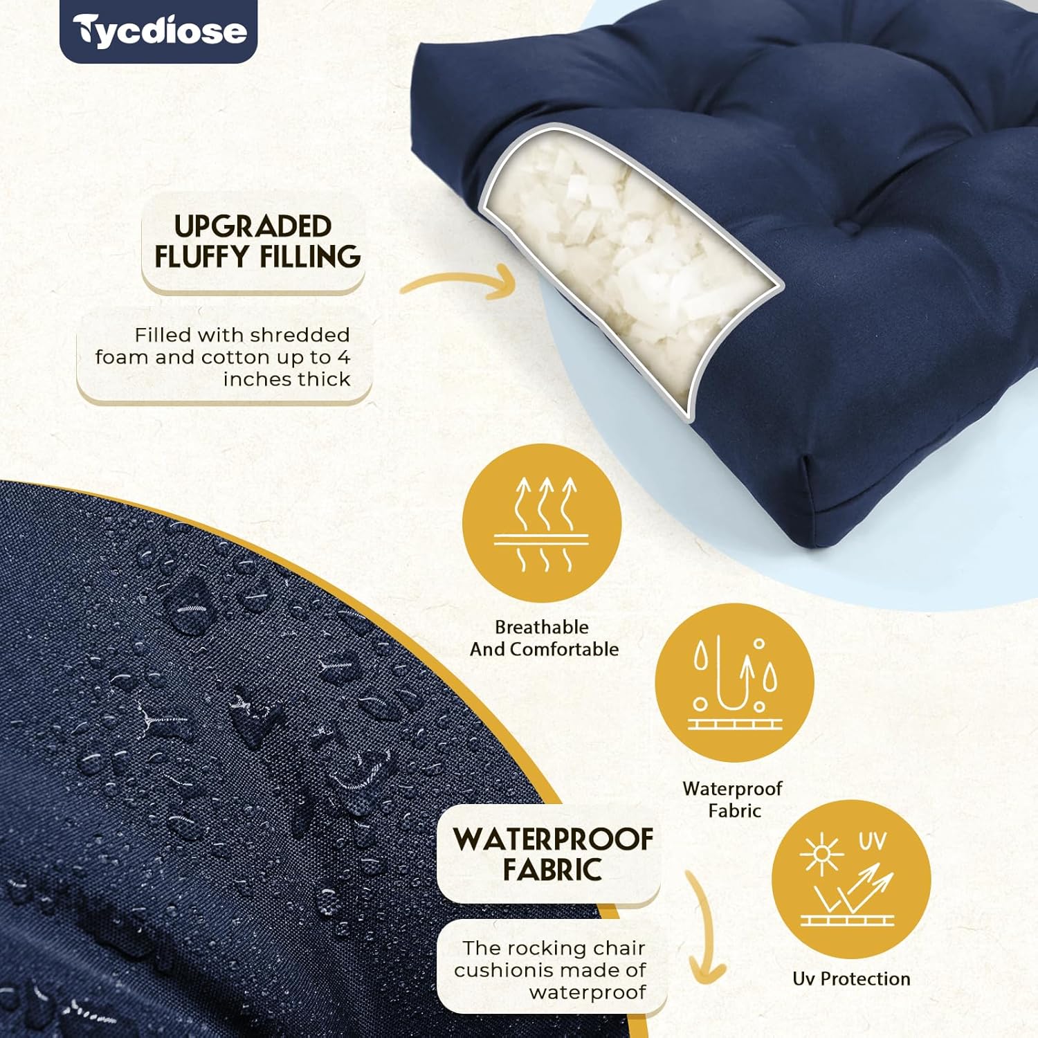 All Weather Outdoor Wicker Chair Cushions of 3 Pieces, Waterproof Outdoor Wicker Chair Cushion for Patio Furniture Loveseat Settee Bench, 1 Loveseat and 2 U-Shaped Thickened Cushions, Blue