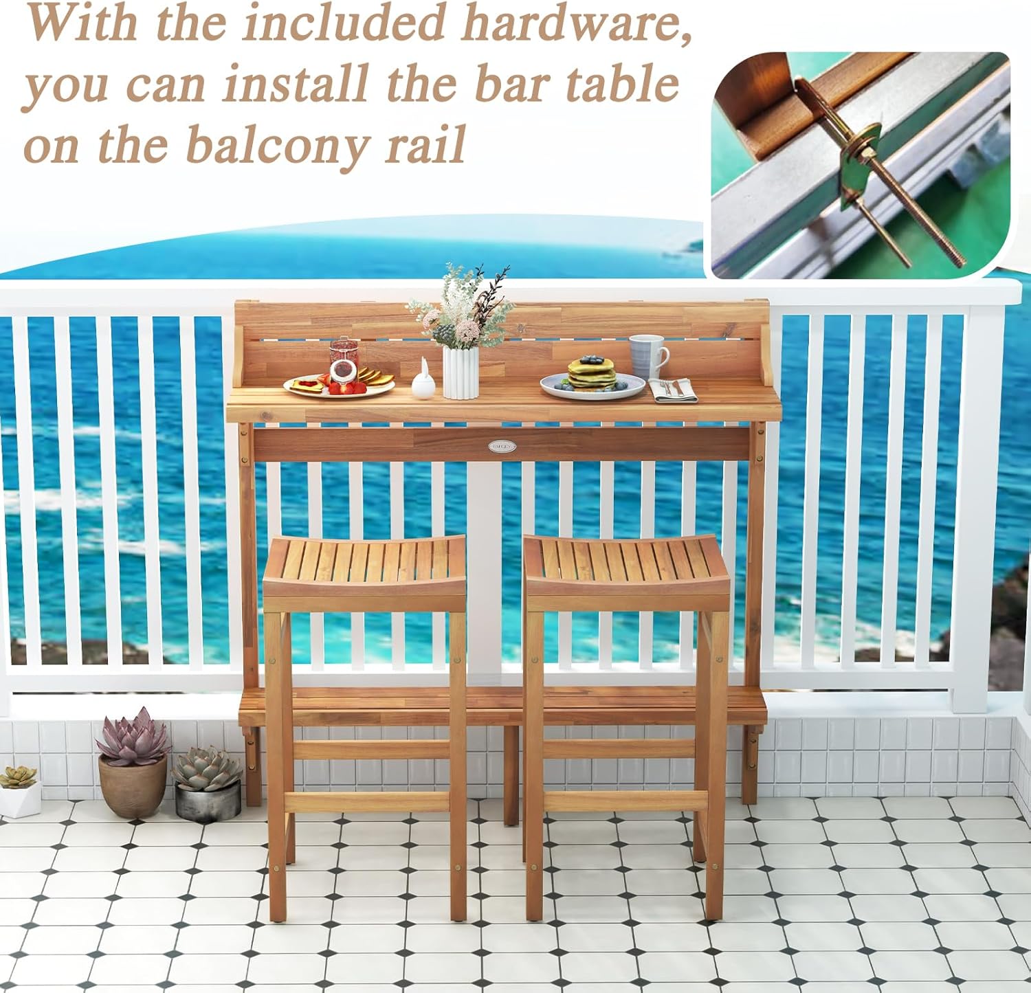 Tangkula 3 Pieces Acacia Wood Balcony Table Set, Outdoor Bar Height Table & 2 Bar Stools w/Shelf, Footrest, Curved Wood Seat, Back Rail for Assembly, for Balcony, Patio and Small Outside Space (1)