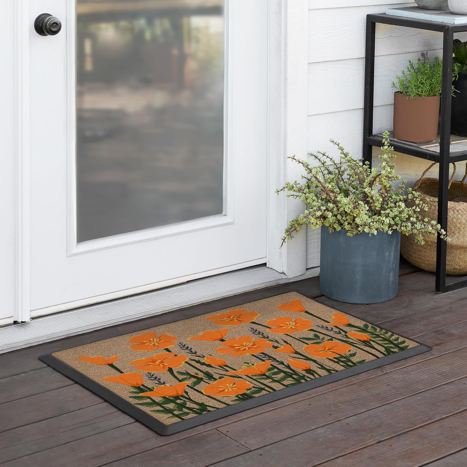 RUGGABLE Washable Front Doormat – Poppy Fields 2x3 Indoor/Outdoor Doormat – Fade–Resistant, Durable, Non–Slip – Welcome Mat for Entryway, Hallway, Bathroom, & Decor - with Standard Pad