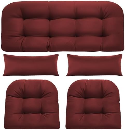 Wicker Chair Cushions of 5 Pieces, Waterproof Outdoor Loveseat Cushion for Wicker Furniture, 1 Love Seat Cushion, 2 U-Shape and 2 Lumbar Pillows for Patio Furniture (Cream)