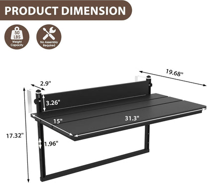 Sundale Outdoor 32" Large Folding Balcony Table for Railing, Patio HDPE Bar Adjustable Hanging Mounted Table for Baluster Garden Deck, Black