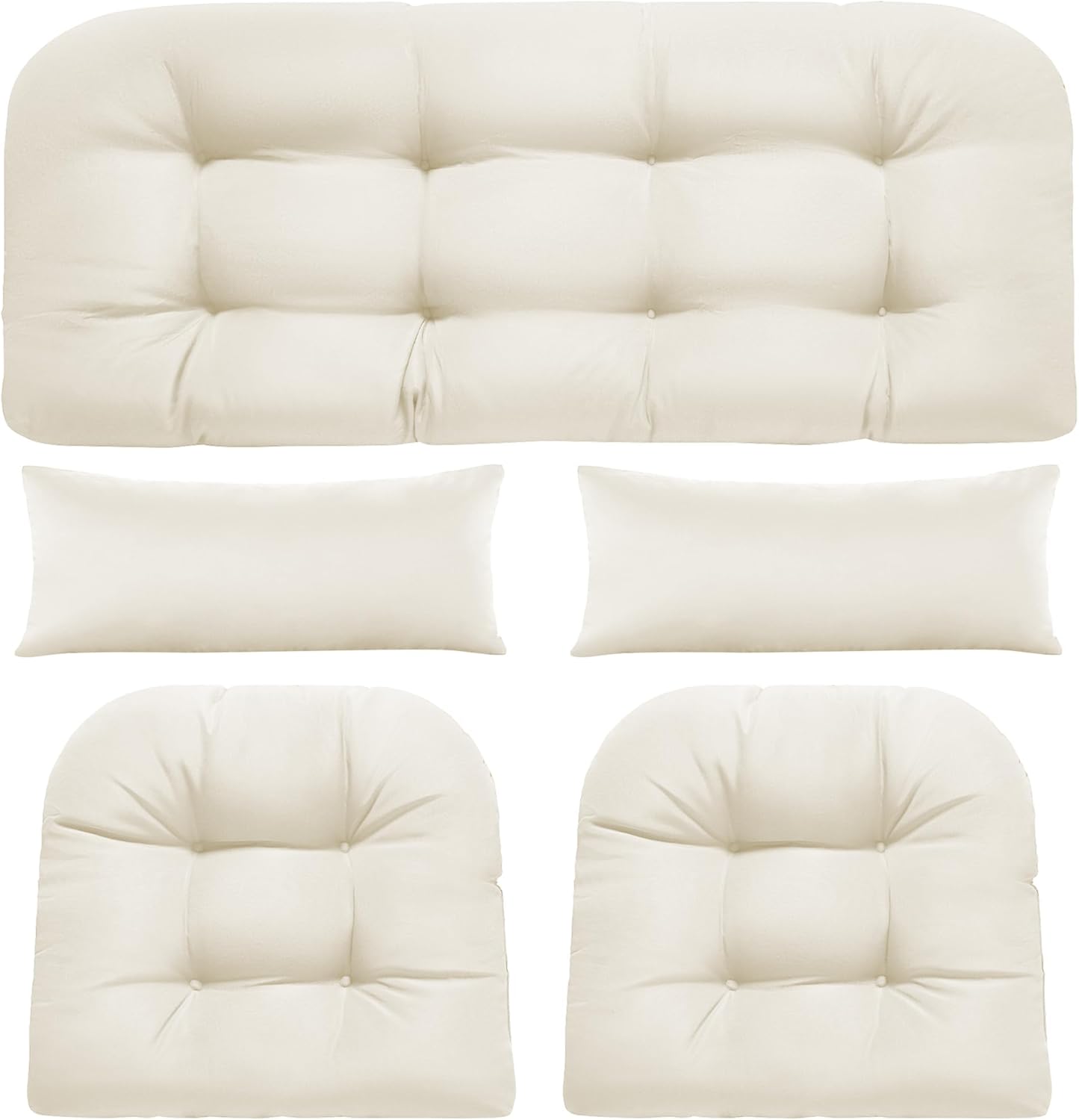 Wicker Chair Cushions of 5 Pieces, Waterproof Outdoor Loveseat Cushion for Wicker Furniture, 1 Love Seat Cushion, 2 U-Shape and 2 Lumbar Pillows for Patio Furniture (Cream)