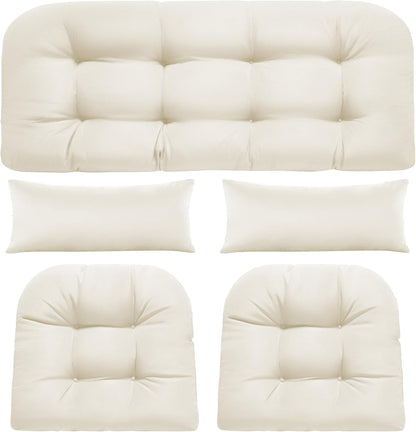 Wicker Chair Cushions of 5 Pieces, Waterproof Outdoor Loveseat Cushion for Wicker Furniture, 1 Love Seat Cushion, 2 U-Shape and 2 Lumbar Pillows for Patio Furniture (Cream)