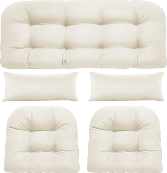 Wicker Chair Cushions of 5 Pieces, Waterproof Outdoor Loveseat Cushion for Wicker Furniture, 1 Love Seat Cushion, 2 U-Shape and 2 Lumbar Pillows for Patio Furniture (Cream)