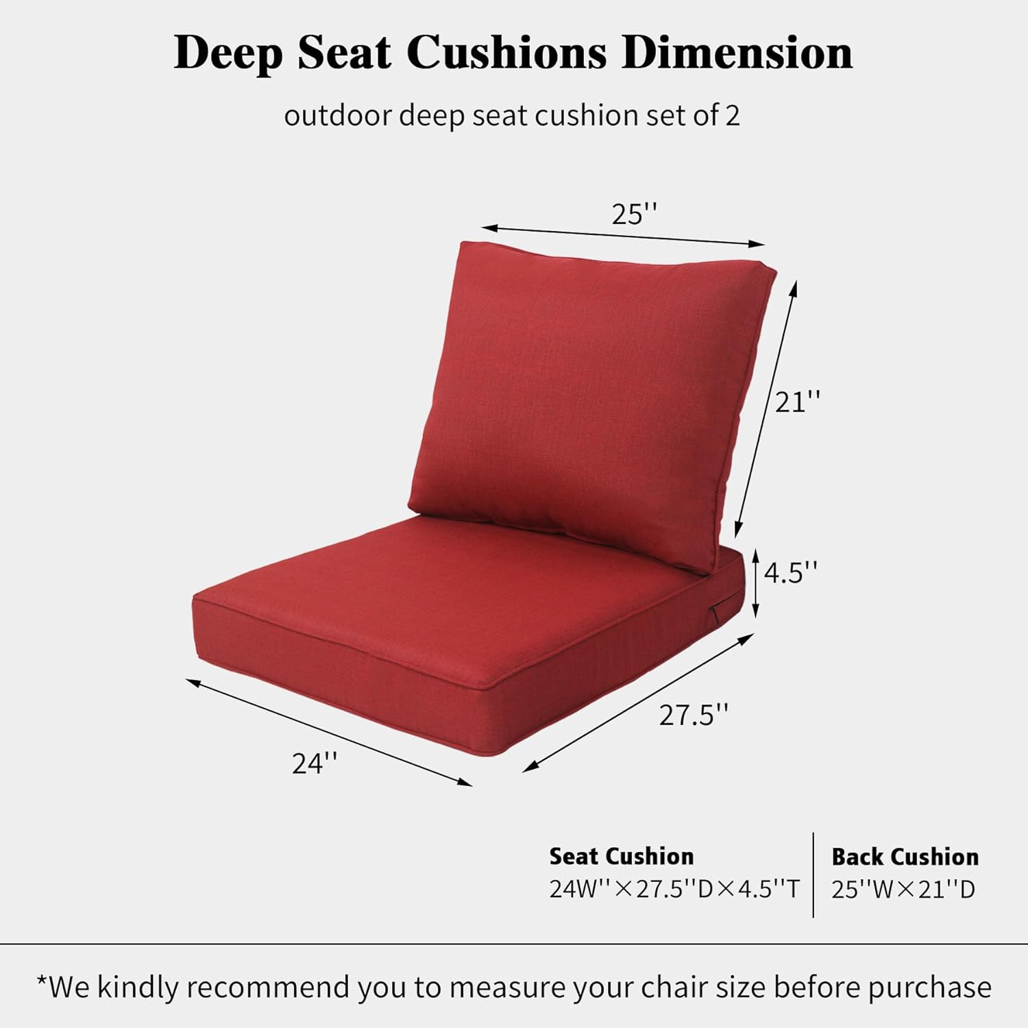 24x27.5 inch Outdoor/Indoor Deep Seat Patio Cushions Set of 2 Deep Seat Bottom Resilient Foam Filling Water Repellent Stain-Resistant UV Resistant Weather Resistant Chili