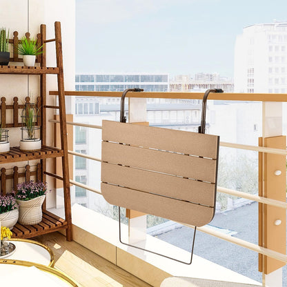 Balcony Railing Table Hanging Folding Balcony Bar Table for Deck Railings Outdoor 23.6" x 15.7" Aluminium Frame Adjustable All Weather Space Saving (Brown)