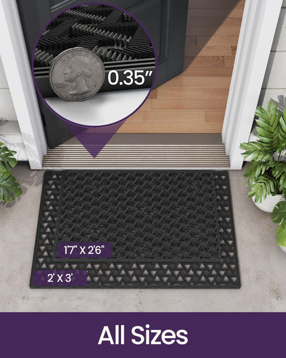 DEXI Front Door Mat Outside Entrance，19x30 Rubber Floor Doormat Heavy Duty Non Slip, Dirt Trapper Waterproof Exterior Entry Mats All Weather for Patio Entryway Drainage, Black