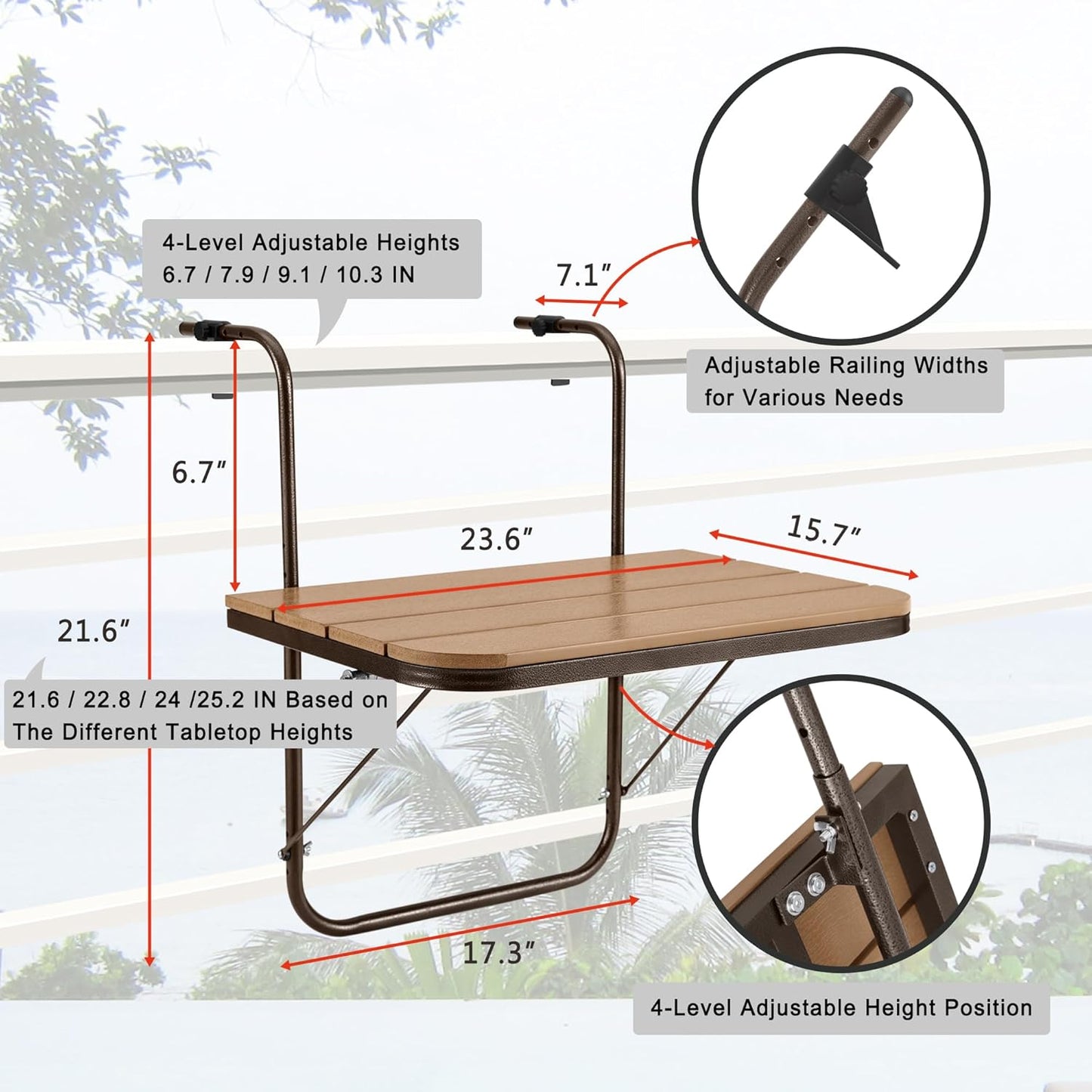 Balcony Railing Table Hanging Folding Balcony Bar Table for Deck Railings Outdoor 23.6" x 15.7" Aluminium Frame Adjustable All Weather Space Saving (Brown)