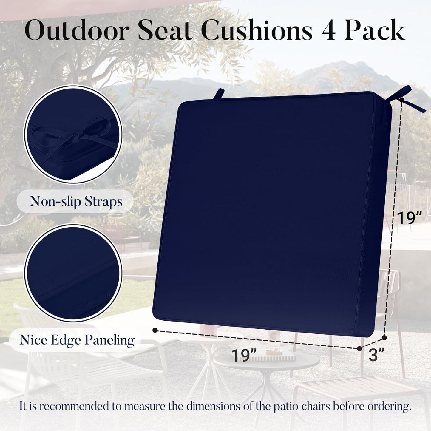 Basic Beyond Outdoor Chair Cushions for Patio Furniture, Waterproof Outdoor Seat Cushions Set of 4 19 x 19, Patio Chair Cushions Set of 4 with Ties and Handle, Navy Blue