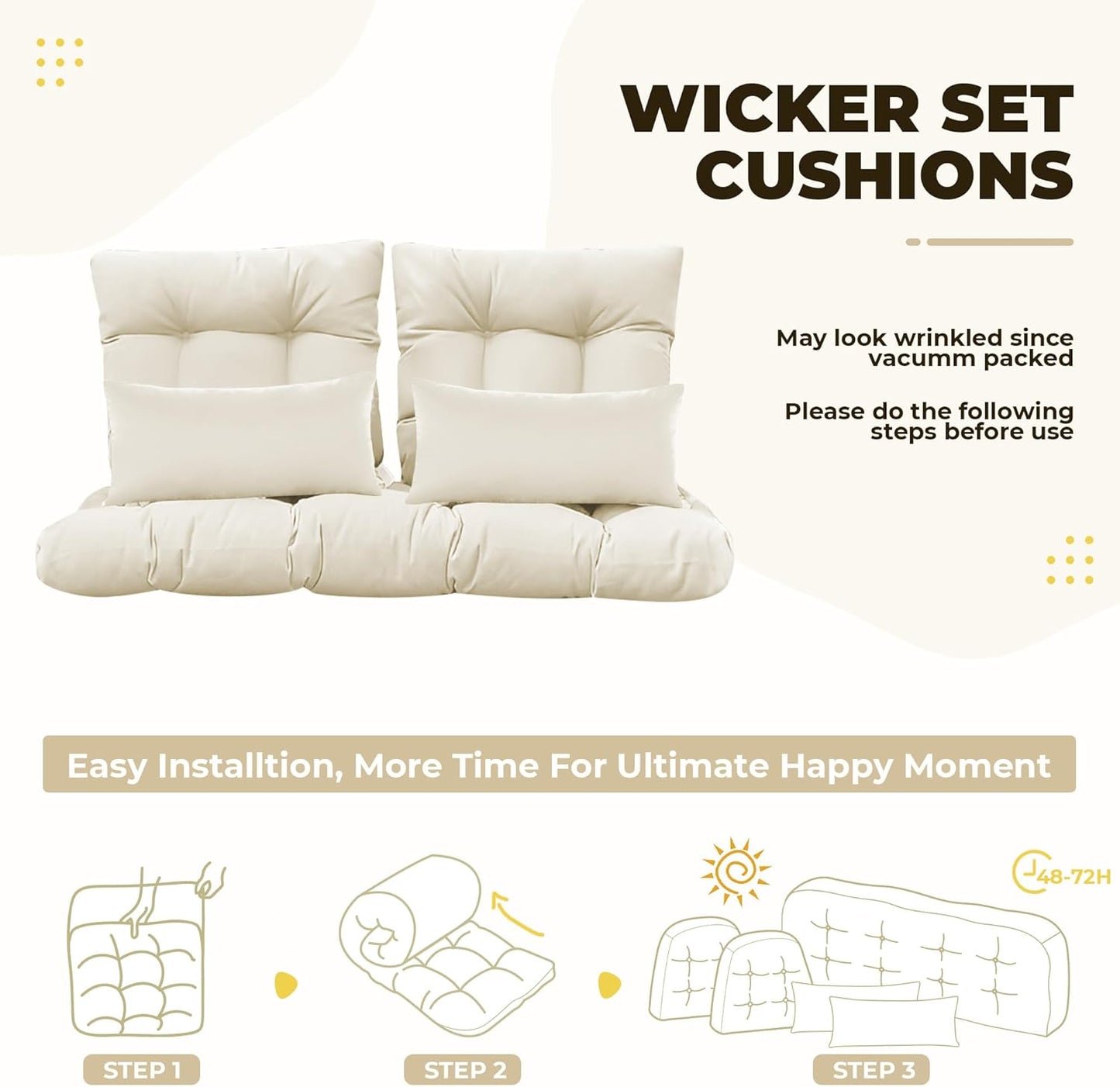 Wicker Chair Cushions of 5 Pieces, Waterproof Outdoor Loveseat Cushion for Wicker Furniture, 1 Love Seat Cushion, 2 U-Shape and 2 Lumbar Pillows for Patio Furniture (Cream)