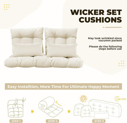 Wicker Chair Cushions of 5 Pieces, Waterproof Outdoor Loveseat Cushion for Wicker Furniture, 1 Love Seat Cushion, 2 U-Shape and 2 Lumbar Pillows for Patio Furniture (Cream)