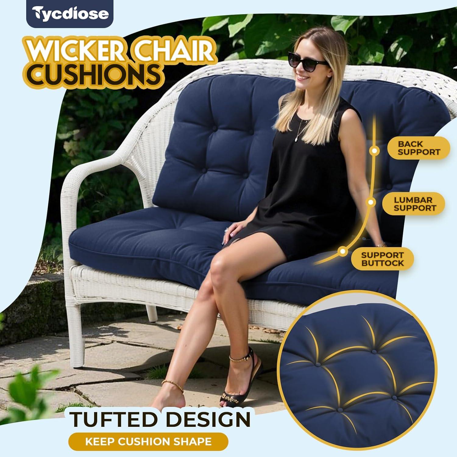 All Weather Outdoor Wicker Chair Cushions of 3 Pieces, Waterproof Outdoor Wicker Chair Cushion for Patio Furniture Loveseat Settee Bench, 1 Loveseat and 2 U-Shaped Thickened Cushions, Blue