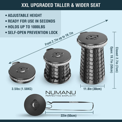 NUMANU 2025 Upgraded XXL Collapsible Stool with Cushion & Bag, 1000lbs Max Weight, 19.7" Heavy Duty Portable Retractable Telescoping Folding Seat Chair or Travel Footrest
