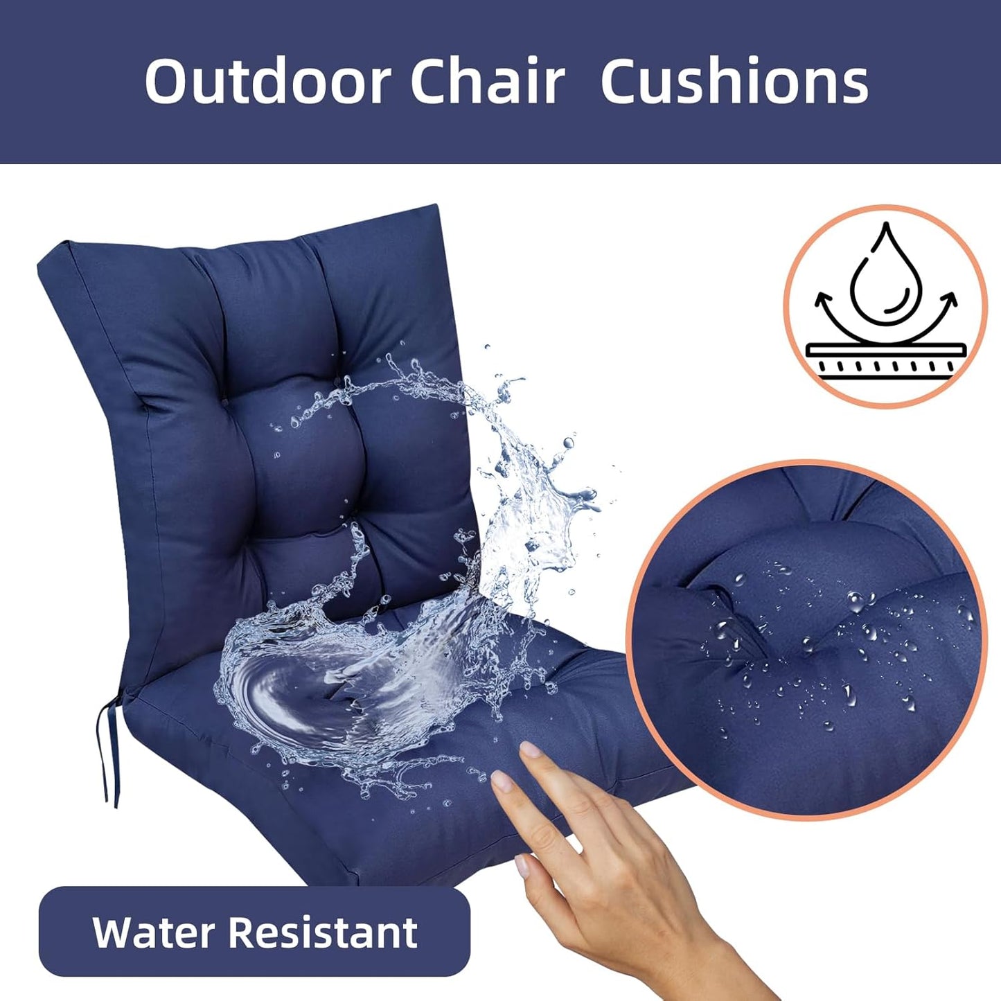 High Back Outdoor Chair Cushions Set of 2 Waterproof Replacement Seat Pad for Patio Furniture Garden Thicken Outdoor Patio Chair Cushion Navy Blue,41.7"*20.8"*3.9"