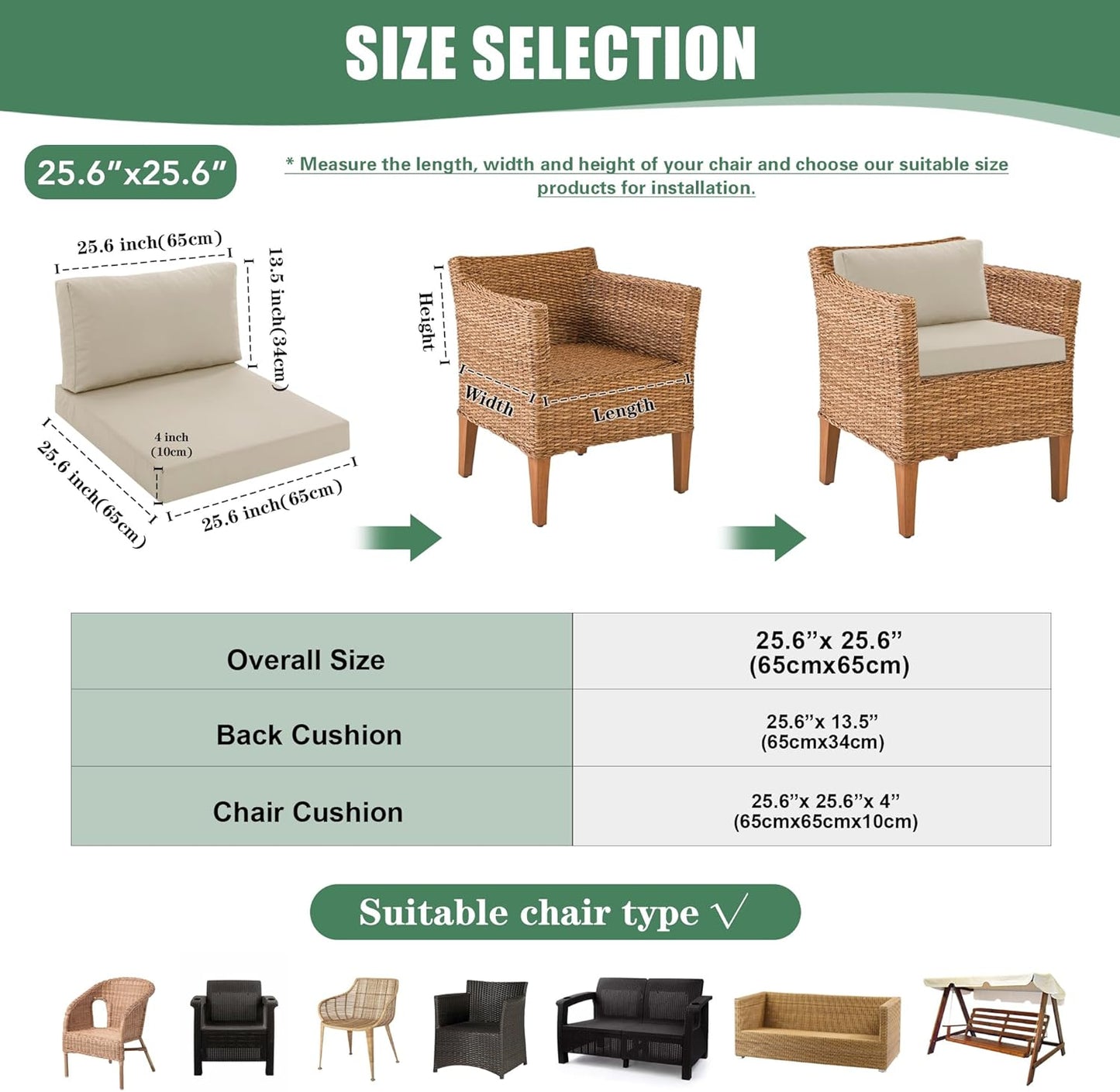 Patio Furniture Cushions Replacement Set of 2, Outdoor Deep Seat Couch Cushion and Backrest Pillow with Waterproof Removable Cover for Sectional Sofa Set, 25.6 x 25.6 Inch, Cream