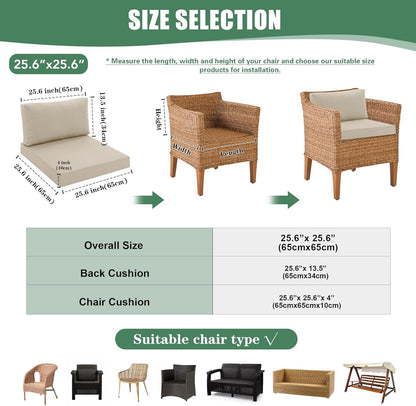 Patio Furniture Cushions Replacement Set of 2, Outdoor Deep Seat Couch Cushion and Backrest Pillow with Waterproof Removable Cover for Sectional Sofa Set, 25.6 x 25.6 Inch, Cream