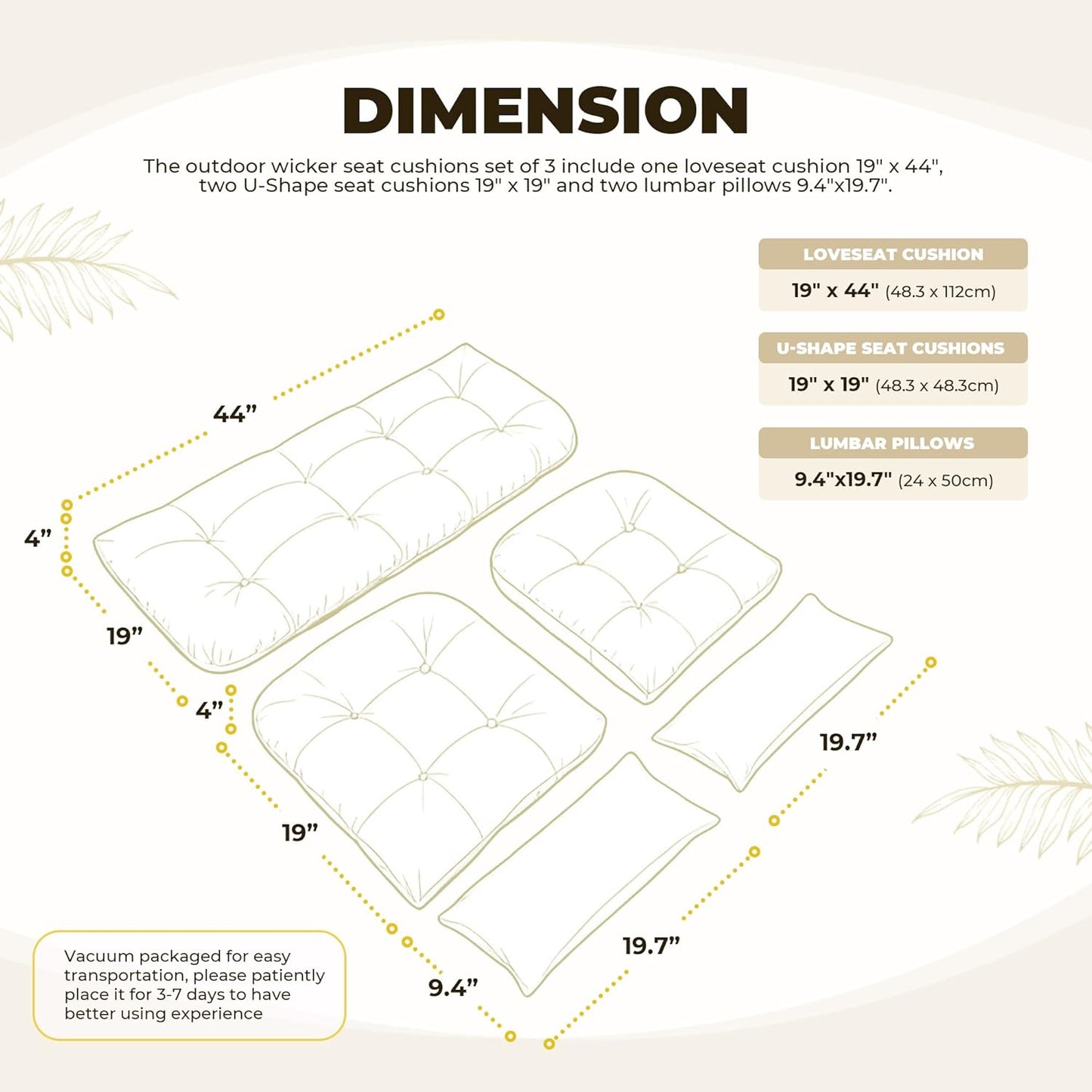 Wicker Chair Cushions of 5 Pieces, Waterproof Outdoor Loveseat Cushion for Wicker Furniture, 1 Love Seat Cushion, 2 U-Shape and 2 Lumbar Pillows for Patio Furniture (Cream)