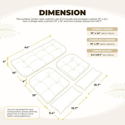 Wicker Chair Cushions of 5 Pieces, Waterproof Outdoor Loveseat Cushion for Wicker Furniture, 1 Love Seat Cushion, 2 U-Shape and 2 Lumbar Pillows for Patio Furniture (Cream)