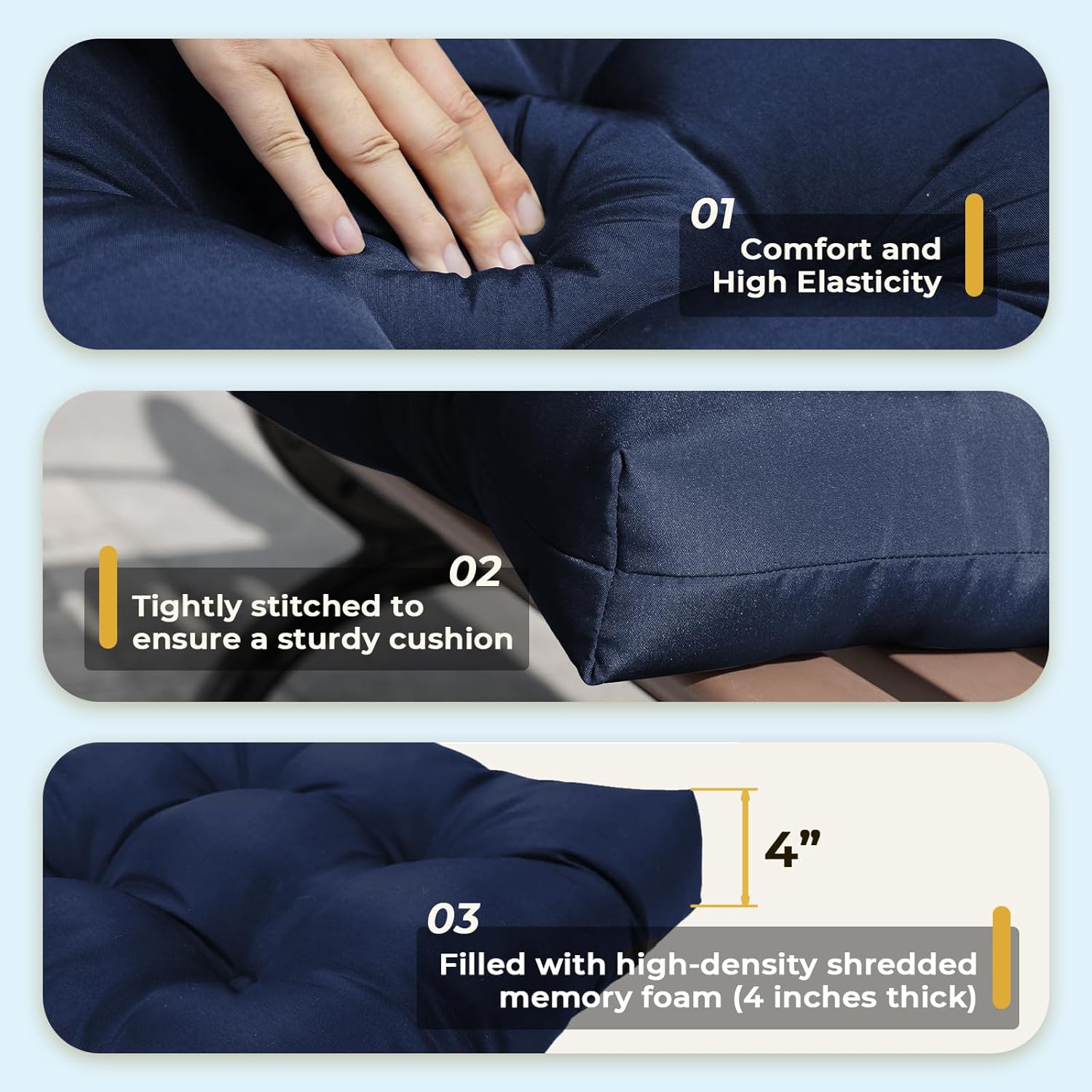 All Weather Outdoor Wicker Chair Cushions of 3 Pieces, Waterproof Outdoor Wicker Chair Cushion for Patio Furniture Loveseat Settee Bench, 1 Loveseat and 2 U-Shaped Thickened Cushions, Blue