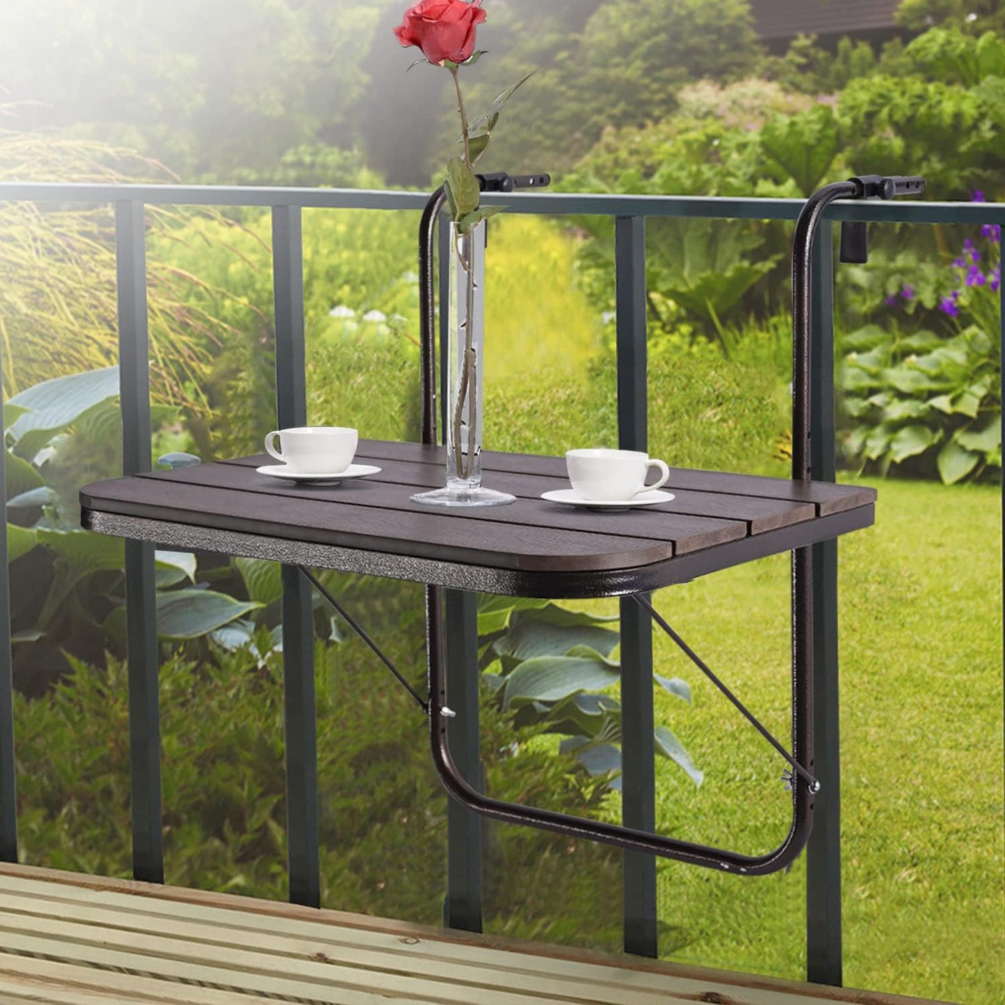 Balcony Railing Table Outdoor Hanging Folding Brown Aluminium Metal Side Table Adjustable 23.6"L x 15.7"W