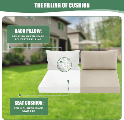 Patio Furniture Cushions Replacement Set of 2, Outdoor Deep Seat Couch Cushion and Backrest Pillow with Waterproof Removable Cover for Sectional Sofa Set, 25.6 x 25.6 Inch, Cream