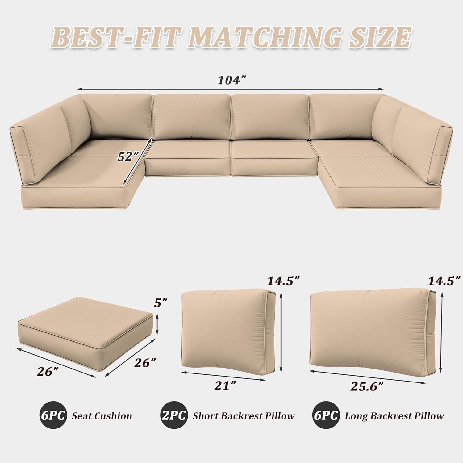 Outdoor Replacement Cushions for Patio Furniture, 5" Foam High-Density, 14-Piece Water-Resistant Outdoor Cushion for 6-Seat Sectional Patio Conversation Sets, Liner&Cover