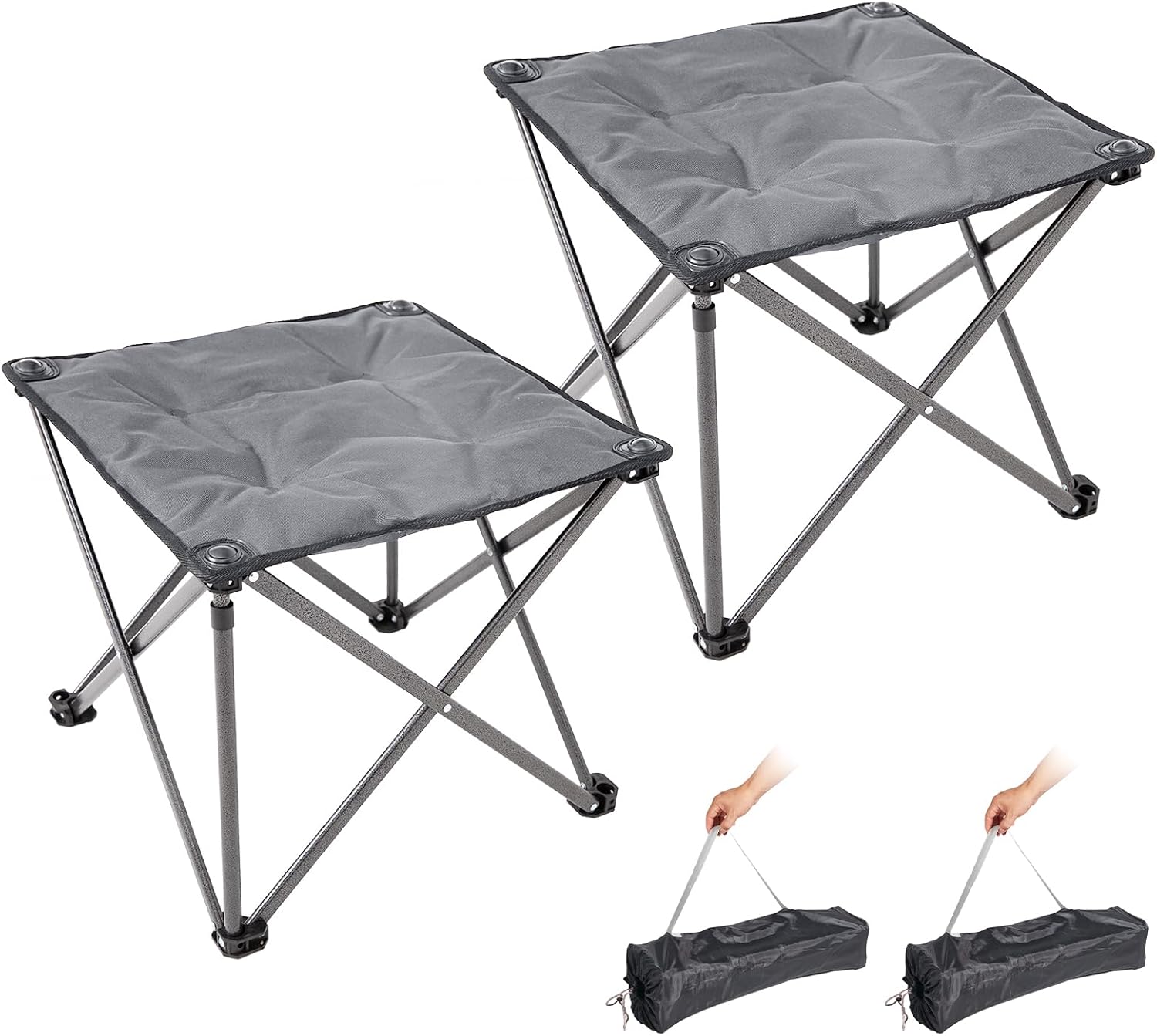 FUNDANGO Folding Camping Stool, 2 Pack 18.1 Inch Oversized Foot Rest 440 Lbs Heavy Duty Portable Padded Stools Seat Anti-Slip Foots & Carry Strap for Fishing Outdoor Lawn Travel (Grey)