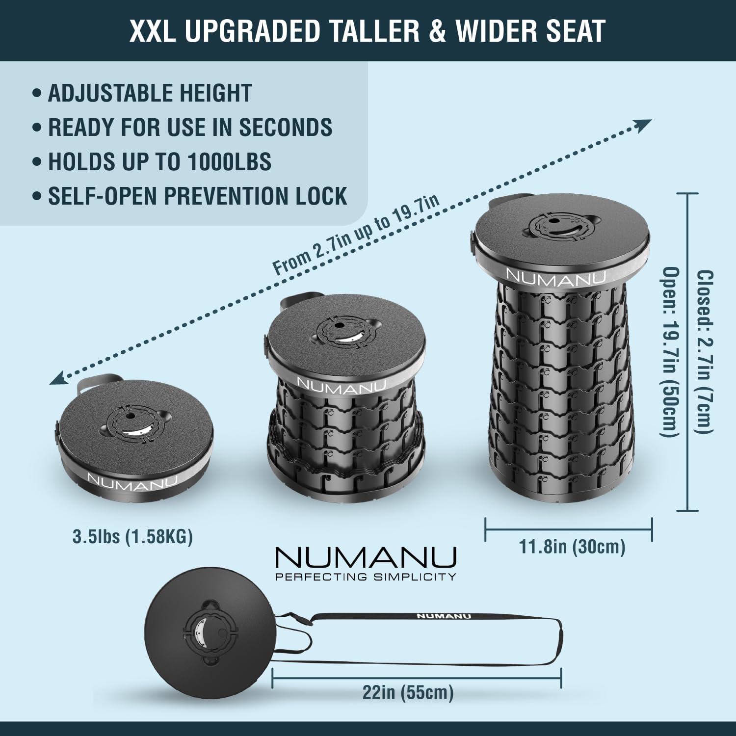 NUMANU 2025 Upgraded XXL Collapsible Stool with Cushion & Carry Bag, 2.7"-19.7", Max 1000lbs Foldable Telescoping Camping Stool Portable Seat or Travel Footrest (2Pack: 2X Stool, 2X Cushion, 2X Bag)