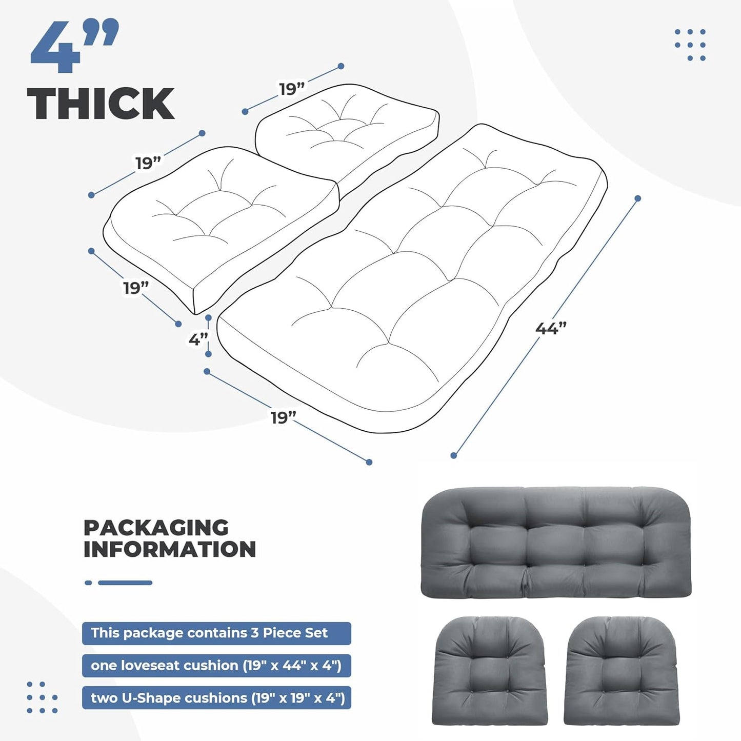 Wicker Chair Cushions, Waterproof Outdoor Loveseat Cushions for Patio Furniture, Tufted Wicker Furniture Cushions, 1 Loveseat and 2 U-Shaped Cushions, Grey