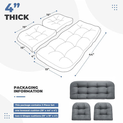 Wicker Chair Cushions, Waterproof Outdoor Loveseat Cushions for Patio Furniture, Tufted Wicker Furniture Cushions, 1 Loveseat and 2 U-Shaped Cushions, Grey
