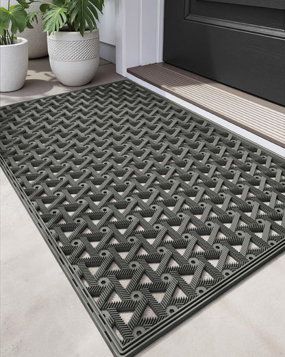 DEXI Front Door Mat Outside Entrance，19x30 Rubber Floor Doormat Heavy Duty Non Slip, Dirt Trapper Waterproof Exterior Entry Mats All Weather for Patio Entryway Drainage, Black