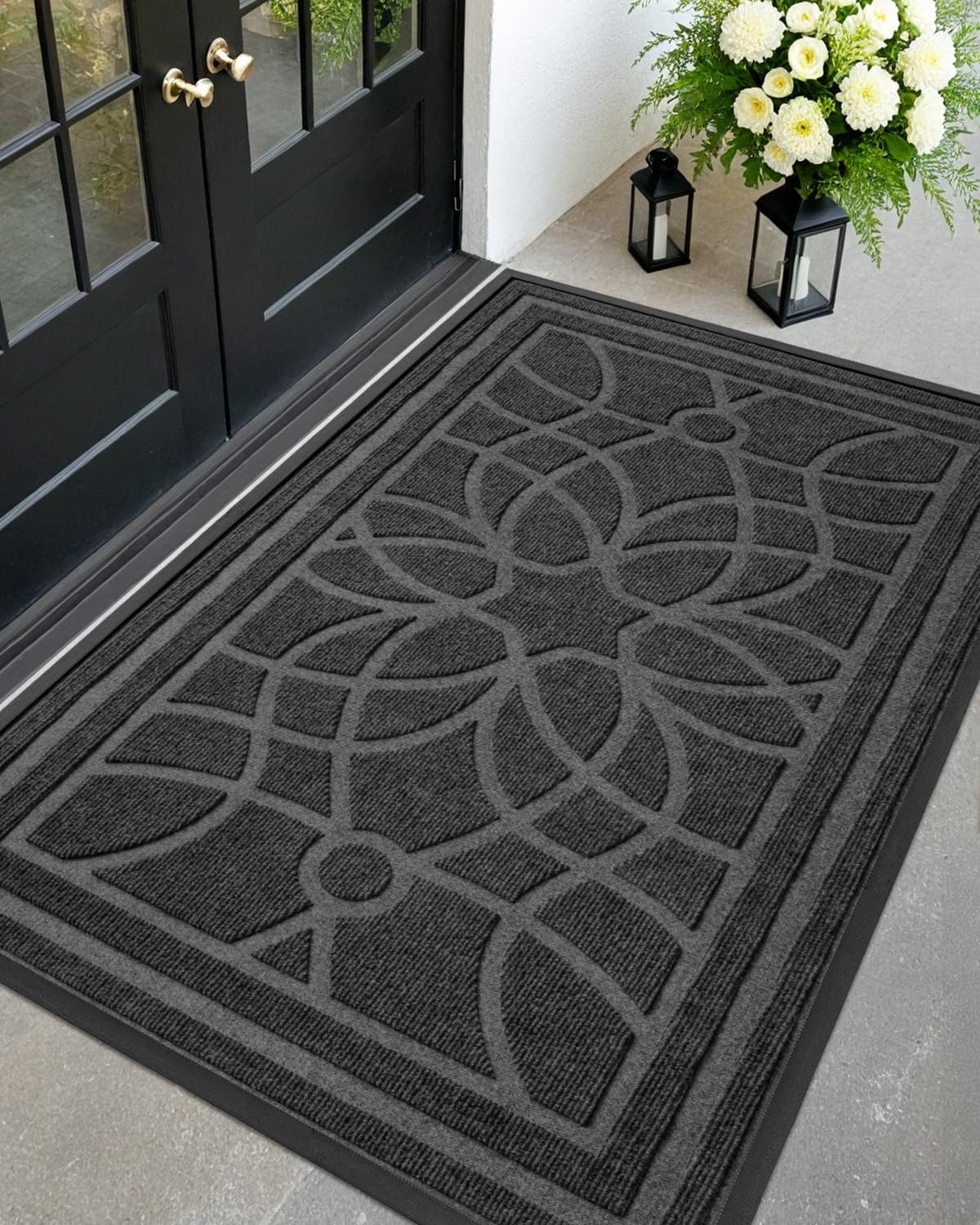 DEXI Front Door Mat Outside Entrance, Heavy Duty Non Slip Low Profile Doormat for Entryway, Trap Dirt and Moisture Welcome Mats, Easy Clean, Patio, Garage, 6x4, Black
