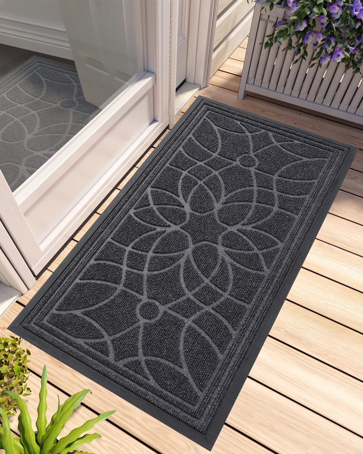 DEXI Front Door Mat Outside Entrance, Heavy Duty Non Slip Low Profile Doormat for Entryway, Trap Dirt and Moisture Welcome Mats, Easy Clean, Patio, Garage, 6x4, Black