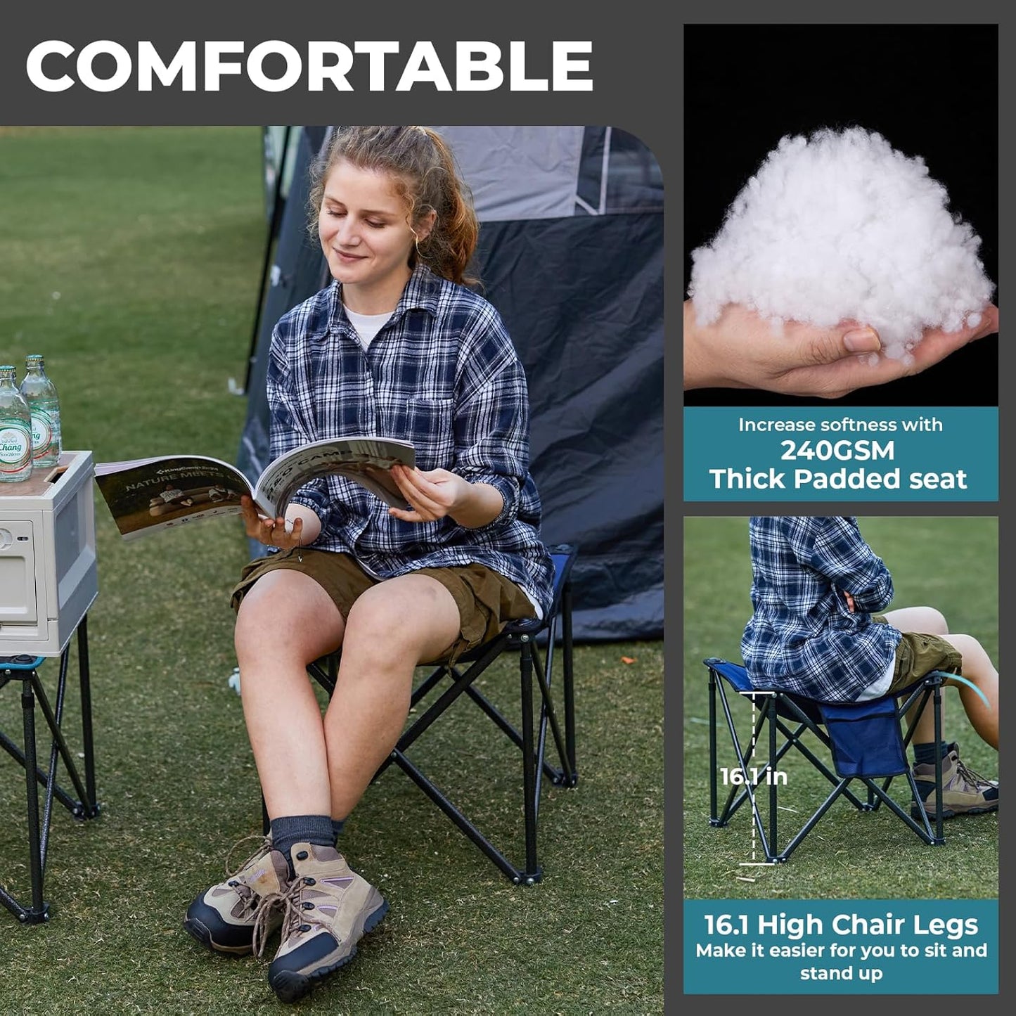 FUNDANGO Folding Camping Stool, 18.1 Inch Oversized Foot Rest 440 Lbs Heavy Duty Portable Padded Stools Seat Anti-Slip Foots & Carry Strap for Fishing Outdoor Lawn Travel (Black)