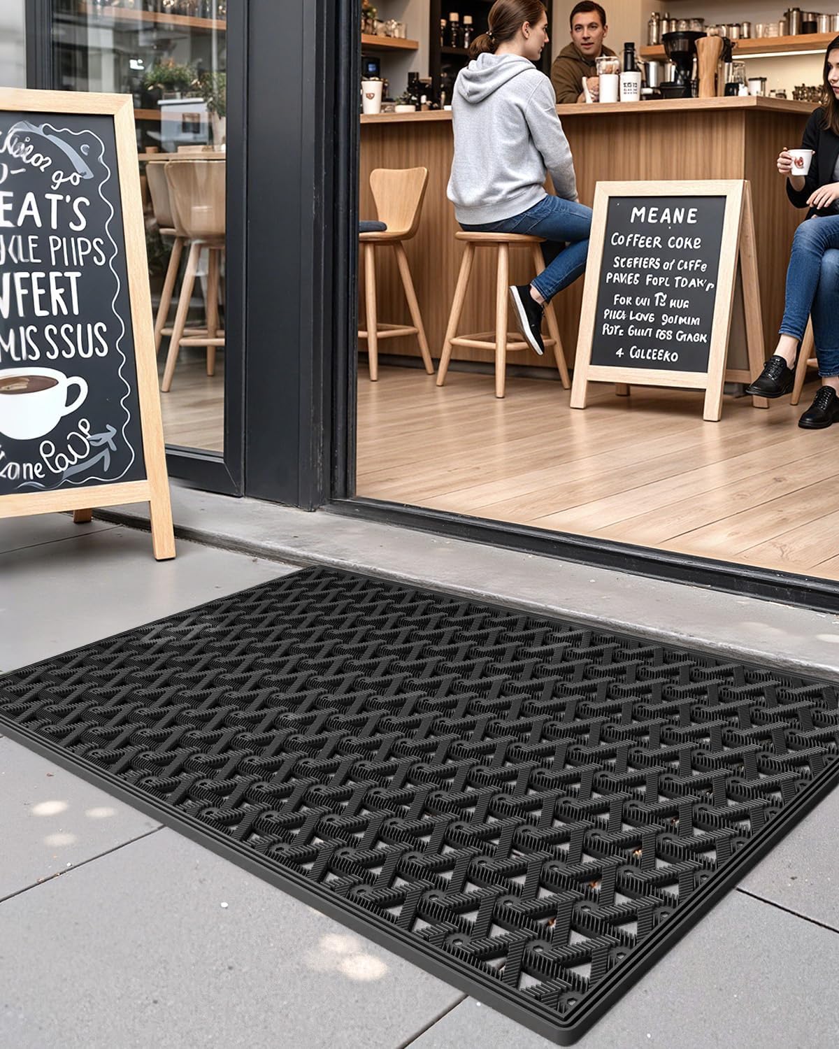DEXI Front Door Mat Outside Entrance，19x30 Rubber Floor Doormat Heavy Duty Non Slip, Dirt Trapper Waterproof Exterior Entry Mats All Weather for Patio Entryway Drainage, Black