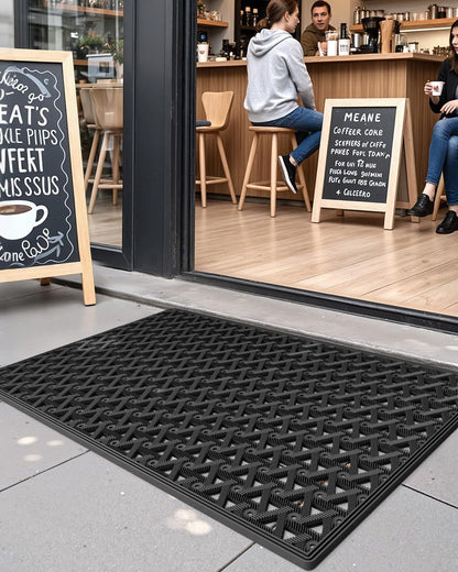 DEXI Front Door Mat Outside Entrance，19x30 Rubber Floor Doormat Heavy Duty Non Slip, Dirt Trapper Waterproof Exterior Entry Mats All Weather for Patio Entryway Drainage, Black