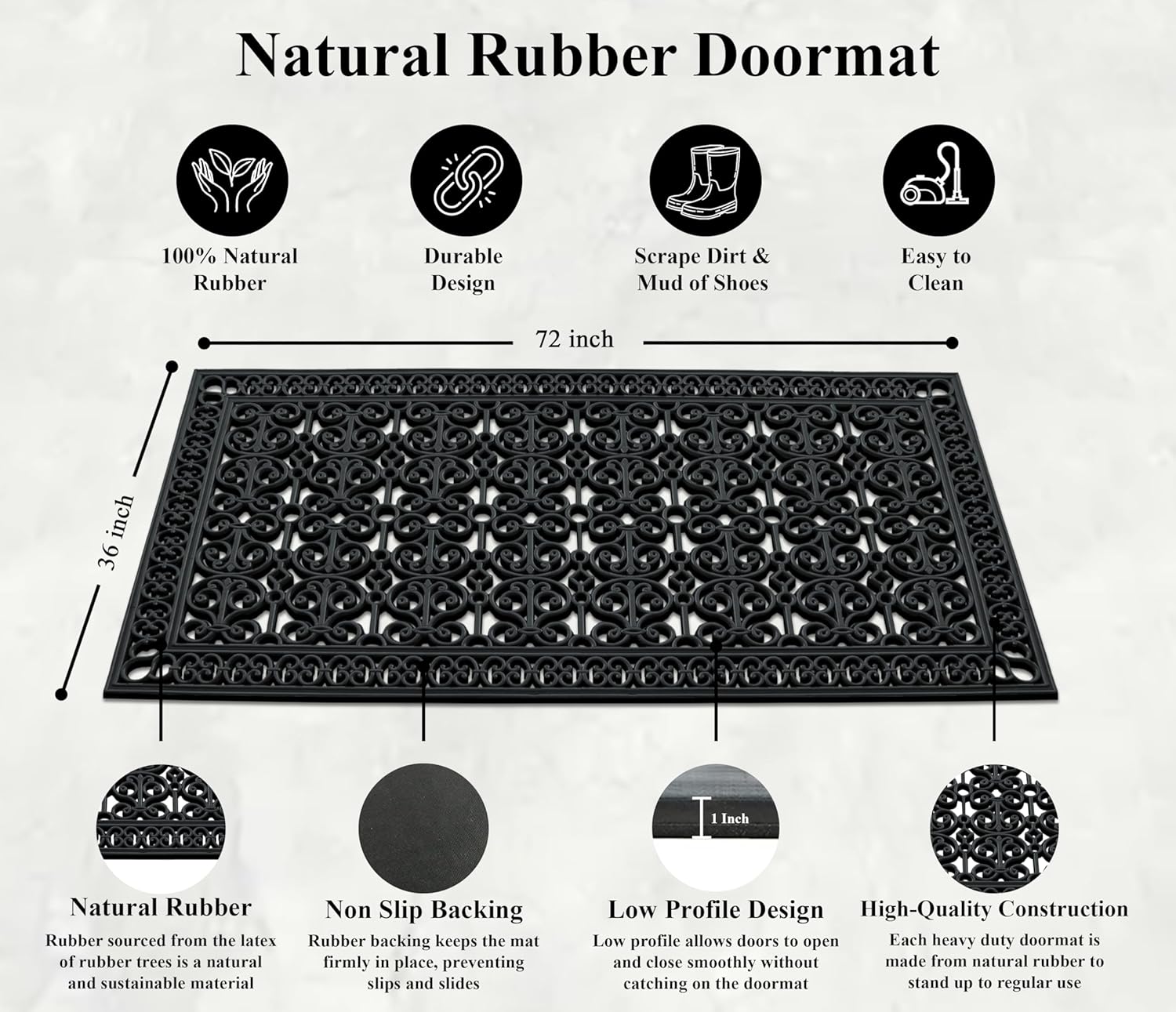 A1HC Extra Large Doormat, Natural Rubber, 36”x72”, Ideal for entryway, Scrapes Shoes Clean of Dirt & Grime, Heavy Duty Door mat for Indoor Outdoor, Mats for Entry, Patio, Busy Areas