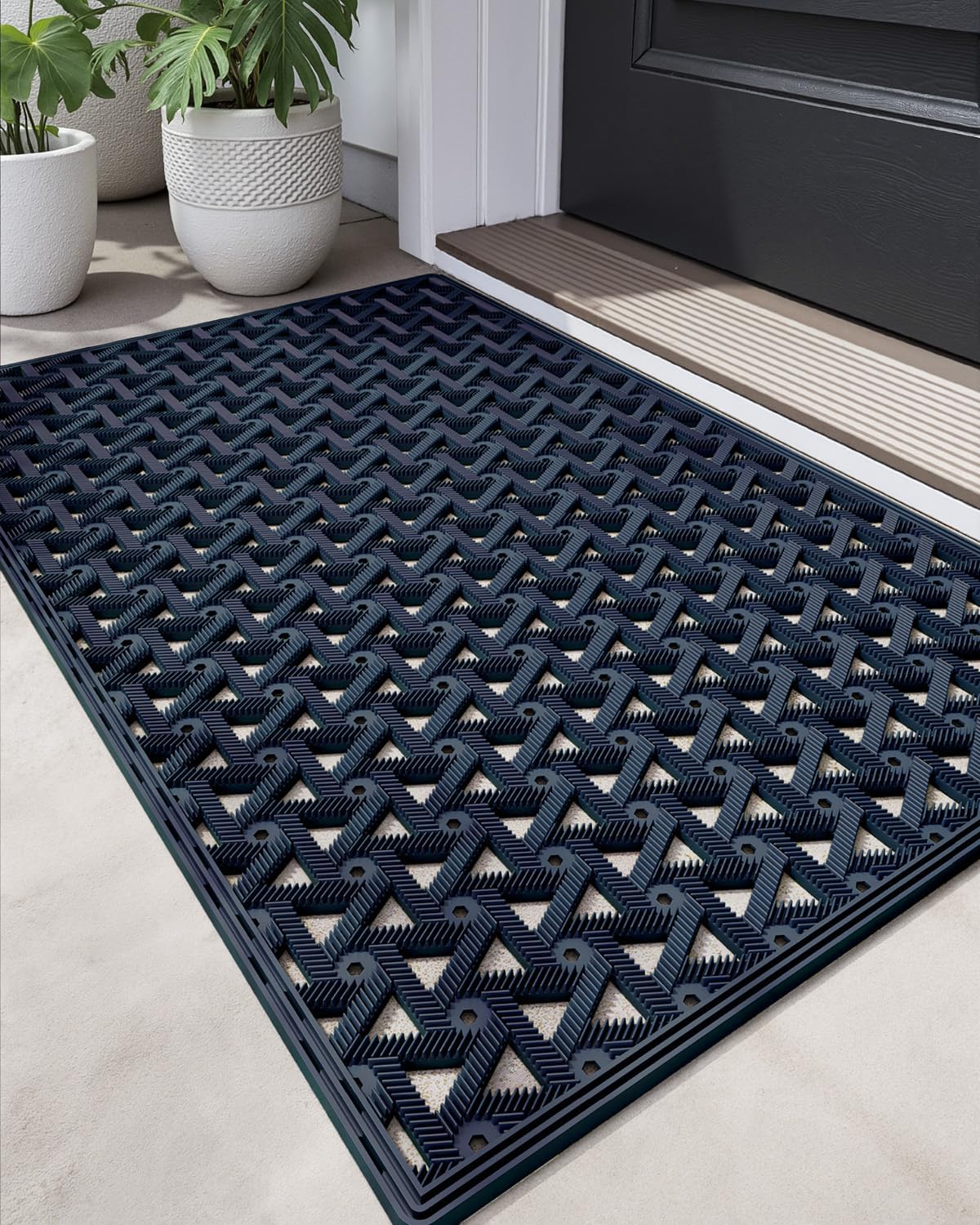 DEXI Front Door Mat Outside Entrance，19x30 Rubber Floor Doormat Heavy Duty Non Slip, Dirt Trapper Waterproof Exterior Entry Mats All Weather for Patio Entryway Drainage, Black