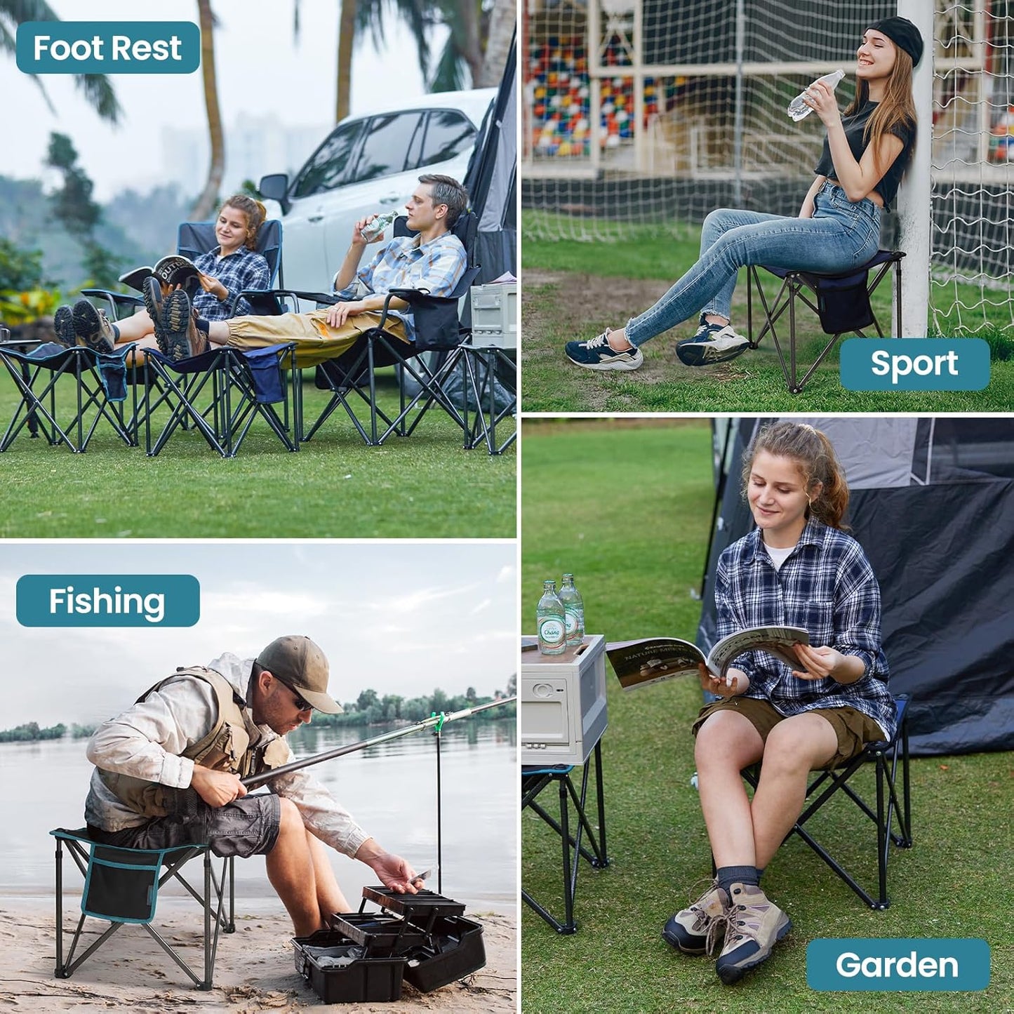 FUNDANGO Folding Camping Stool, 18.1 Inch Oversized Foot Rest 440 Lbs Heavy Duty Portable Padded Stools Seat Anti-Slip Foots & Carry Strap for Fishing Outdoor Lawn Travel (Black)