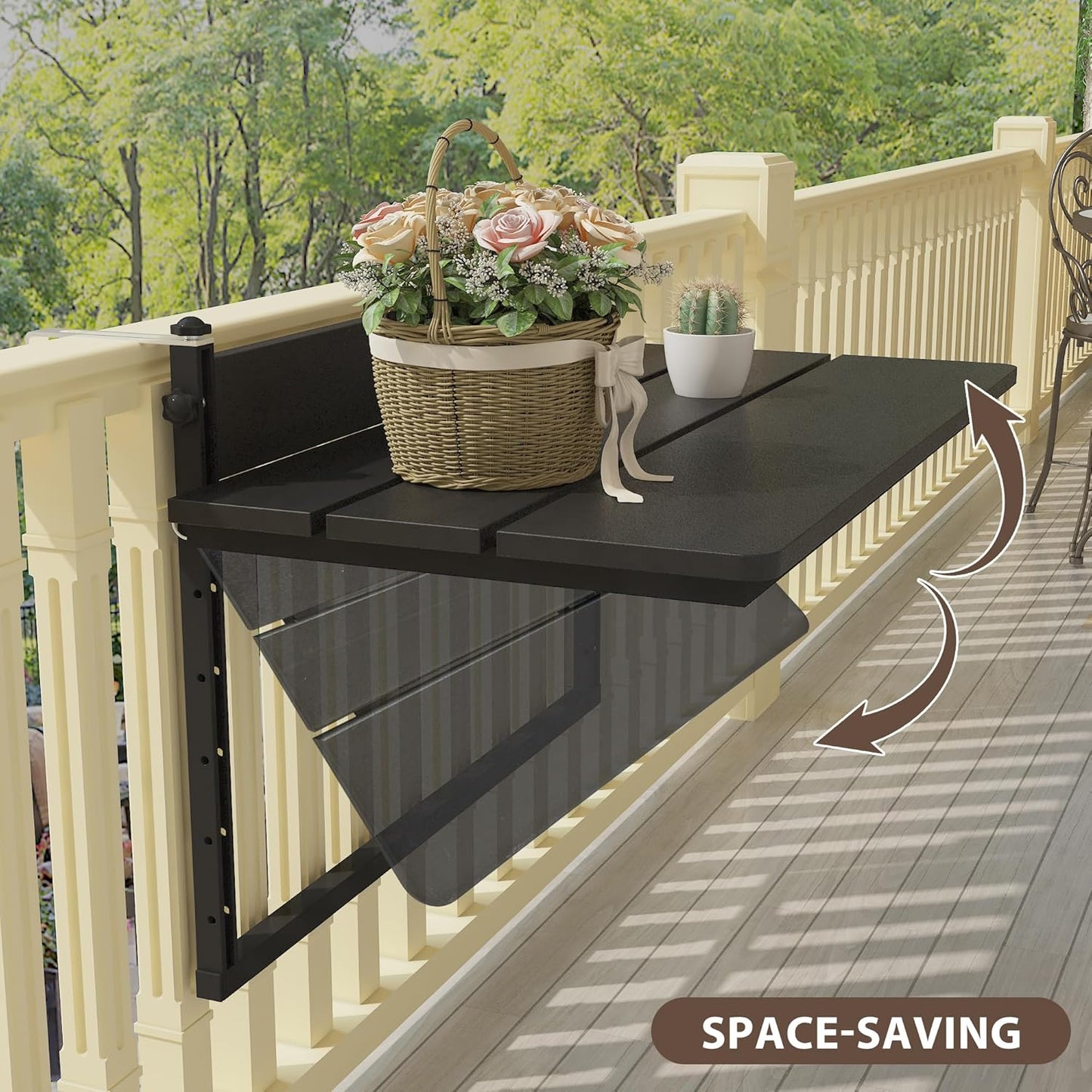 Sundale Outdoor 32" Large Folding Balcony Table for Railing, Patio HDPE Bar Adjustable Hanging Mounted Table for Baluster Garden Deck, Black