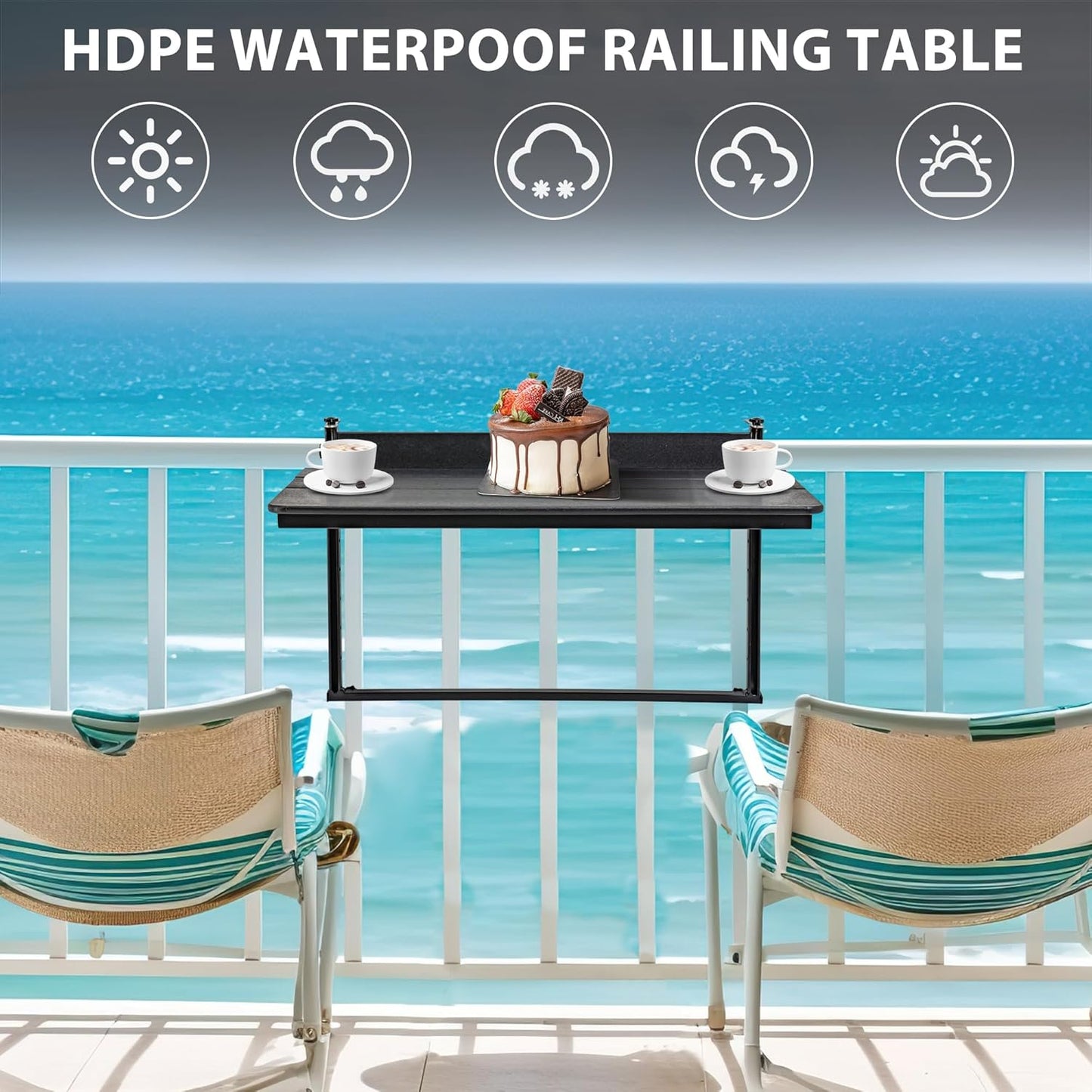 Sundale Outdoor 32" Large Folding Balcony Table for Railing, Patio HDPE Bar Adjustable Hanging Mounted Table for Baluster Garden Deck, Black