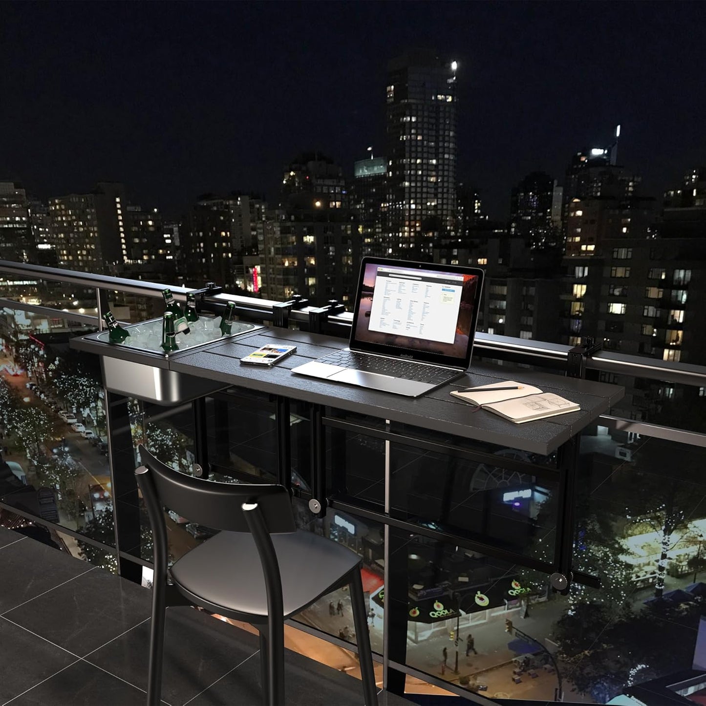 GDLF Upgraded Balcony Table Outdoor Patio Bar Table with Durable Composite Tabletop Aluminum Alloy Frame Hanging Folding Adjustable with Removable Ice Bucket, Easy Assembly (10Mins),43.5" L